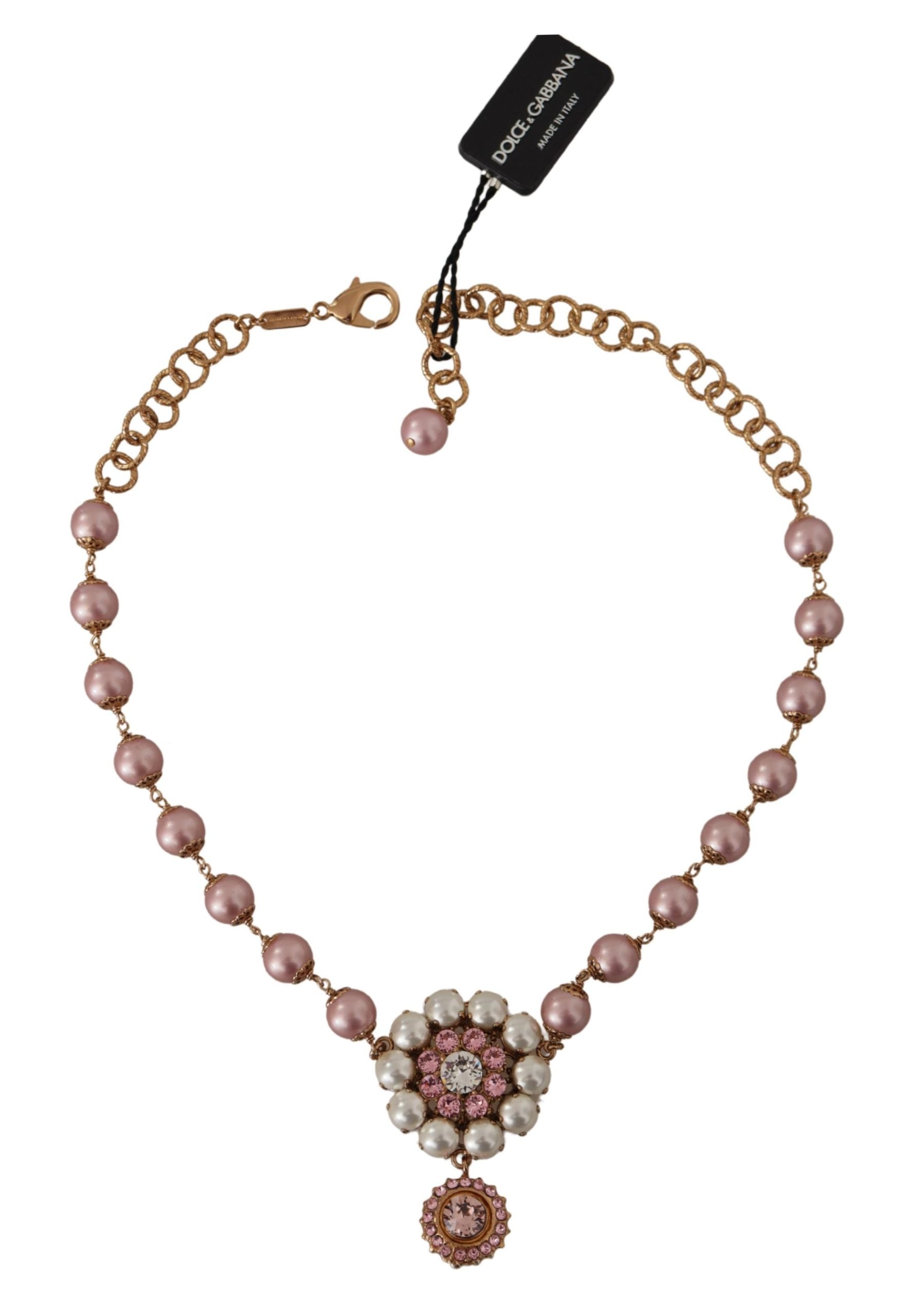 Dolce & Gabbana Gold Brass Crystal Pink Faux Pearl Pendants Necklace - DEA STILOSA MILANO