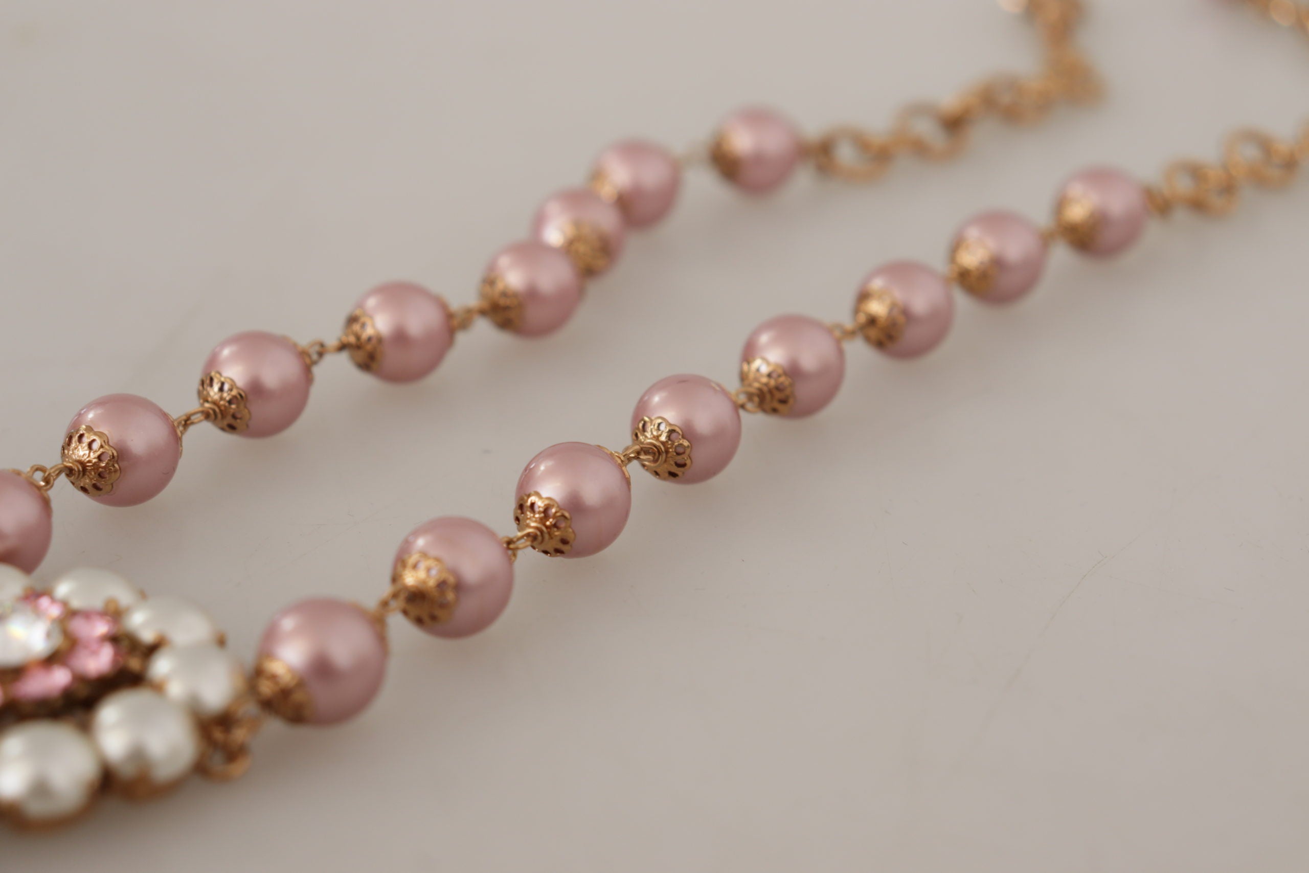 Dolce & Gabbana Gold Brass Crystal Pink Faux Pearl Pendants Necklace - DEA STILOSA MILANO
