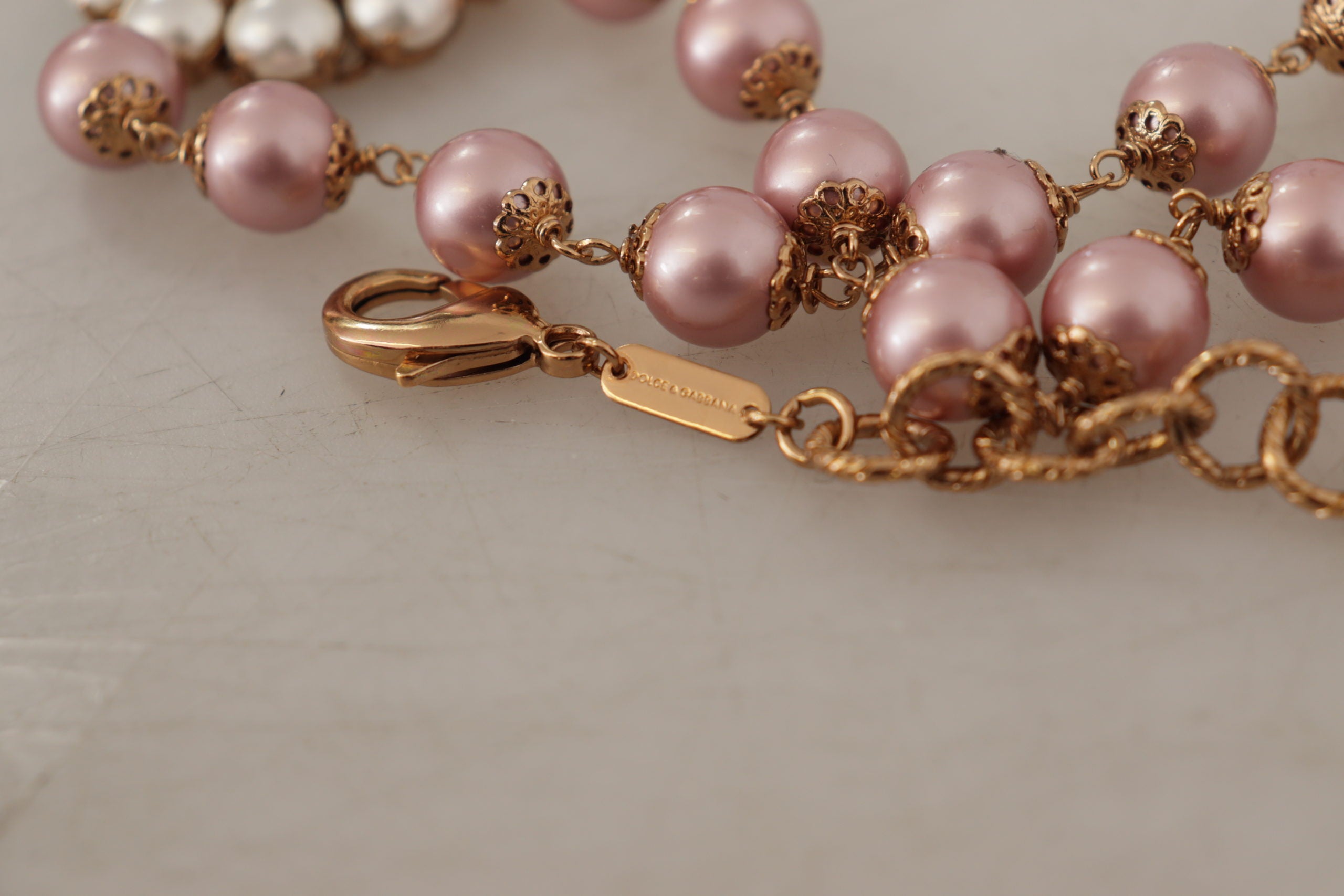 Dolce & Gabbana Gold Brass Crystal Pink Faux Pearl Pendants Necklace - DEA STILOSA MILANO