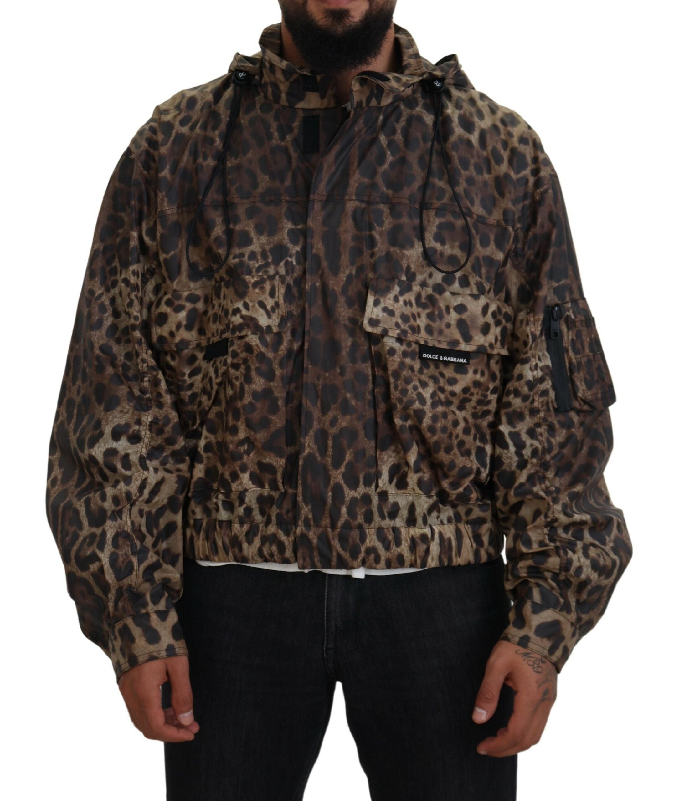 Dolce & Gabbana Brown Leopard Print Men Hooded Jacket - DEA STILOSA MILANO