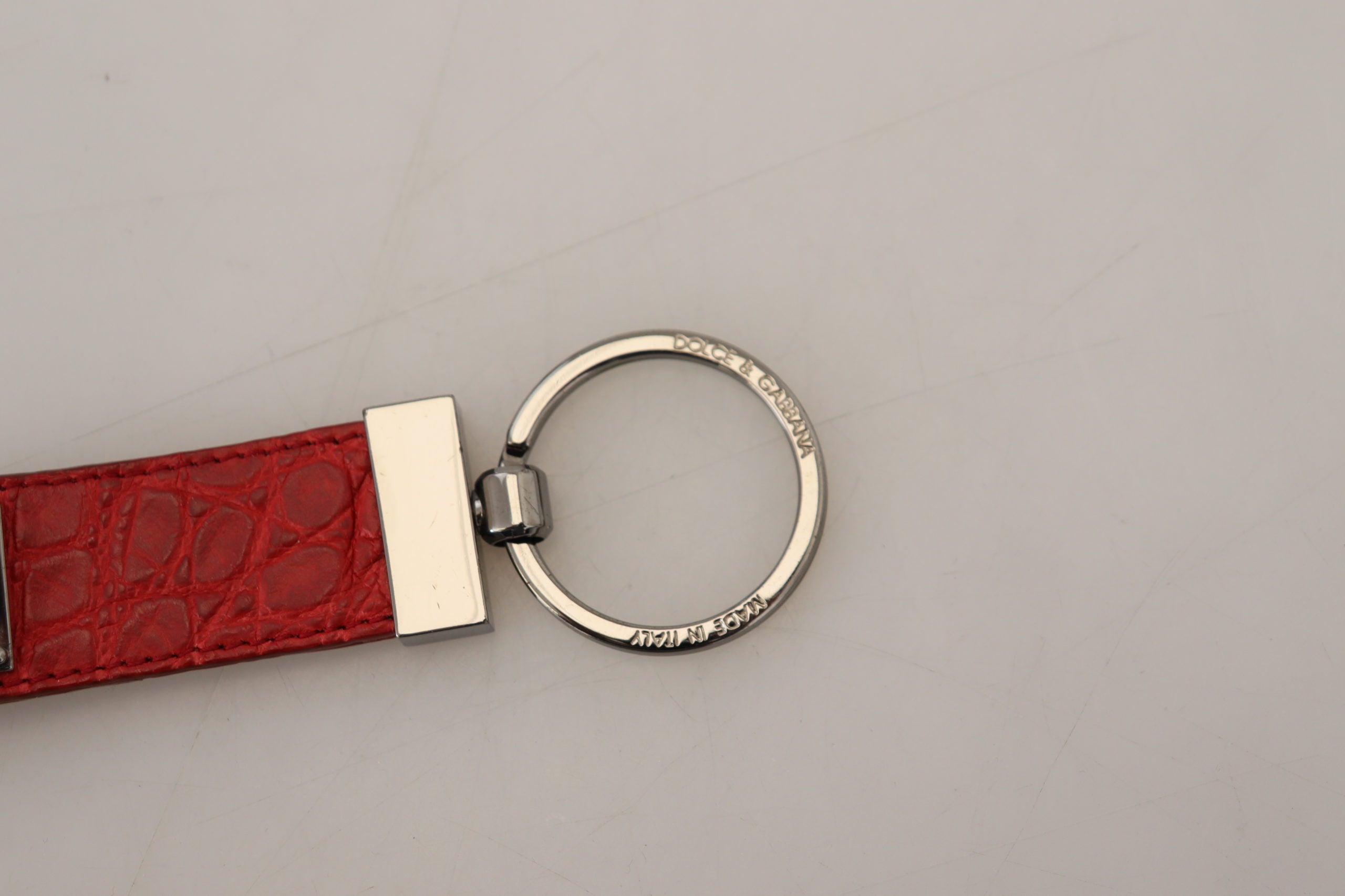 Dolce & Gabbana Red Leather Logo Plaque Silver Brass Keychain - DEA STILOSA MILANO