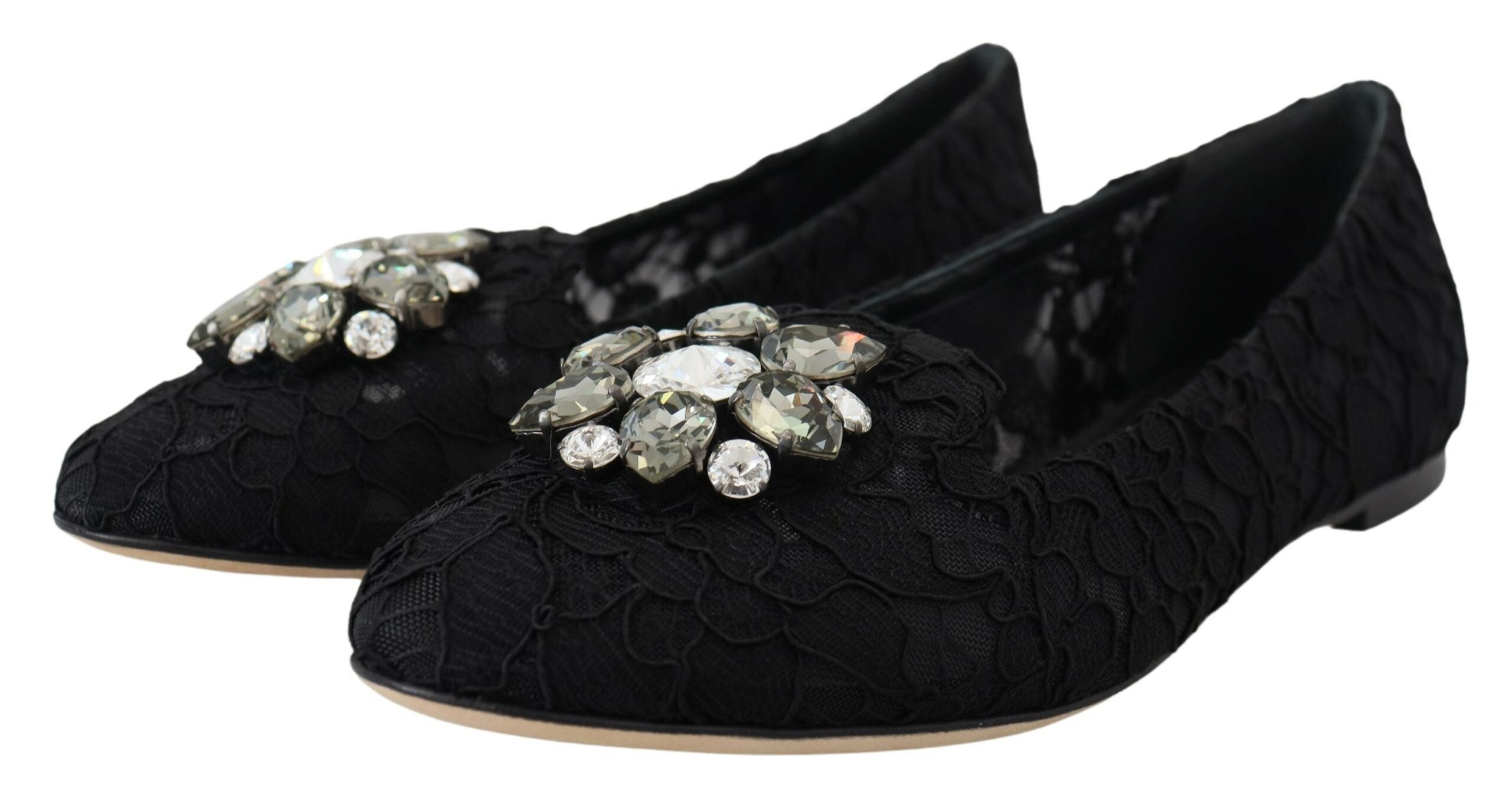 Dolce & Gabbana Black Taormina Lace Crystals Flats Shoes - DEA STILOSA MILANO