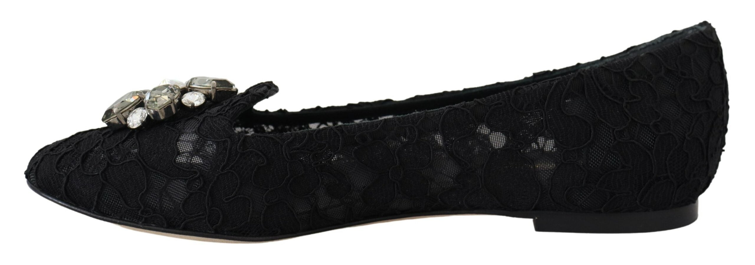 Dolce & Gabbana Black Taormina Lace Crystals Flats Shoes - DEA STILOSA MILANO