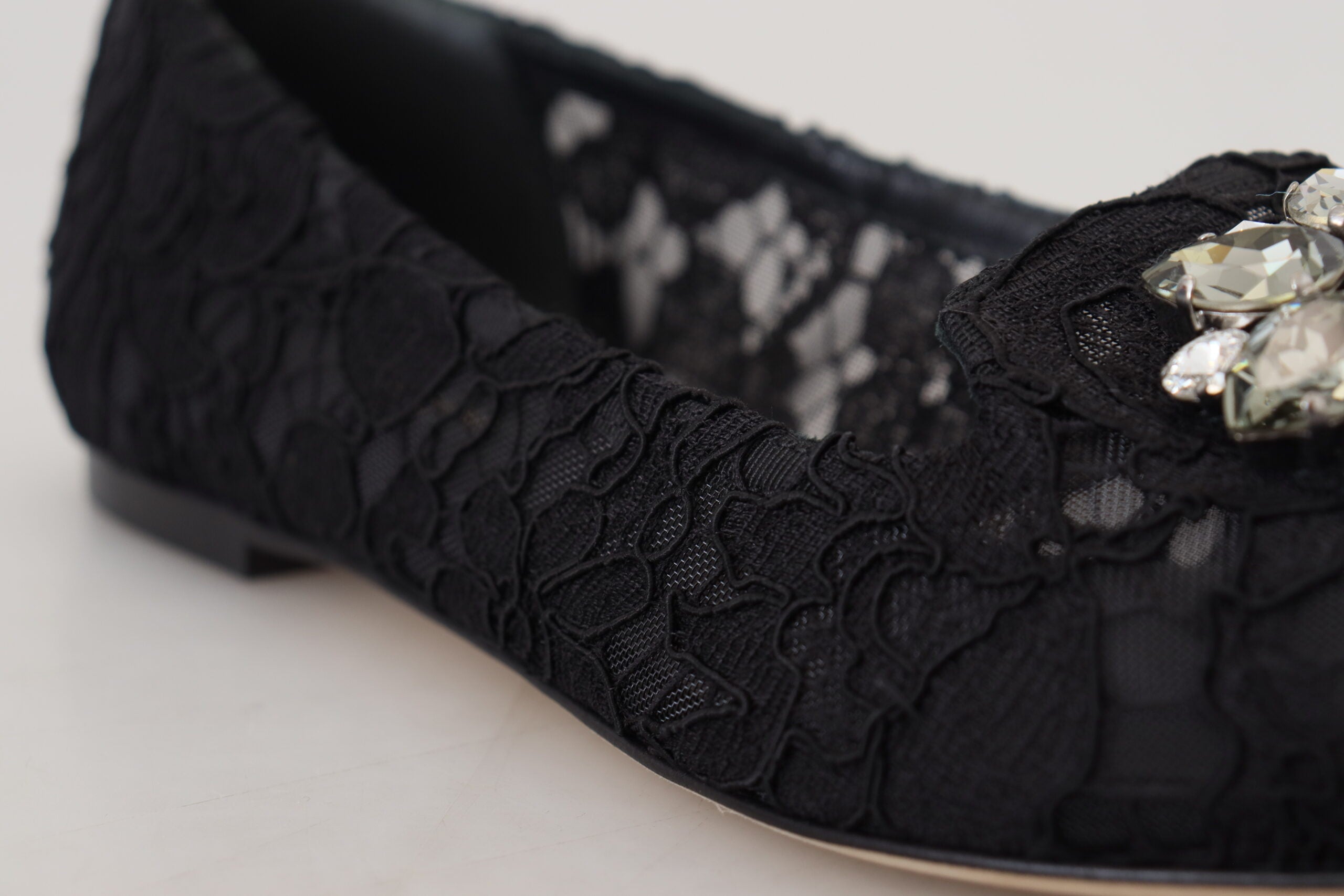 Dolce & Gabbana Black Taormina Lace Crystals Flats Shoes - DEA STILOSA MILANO
