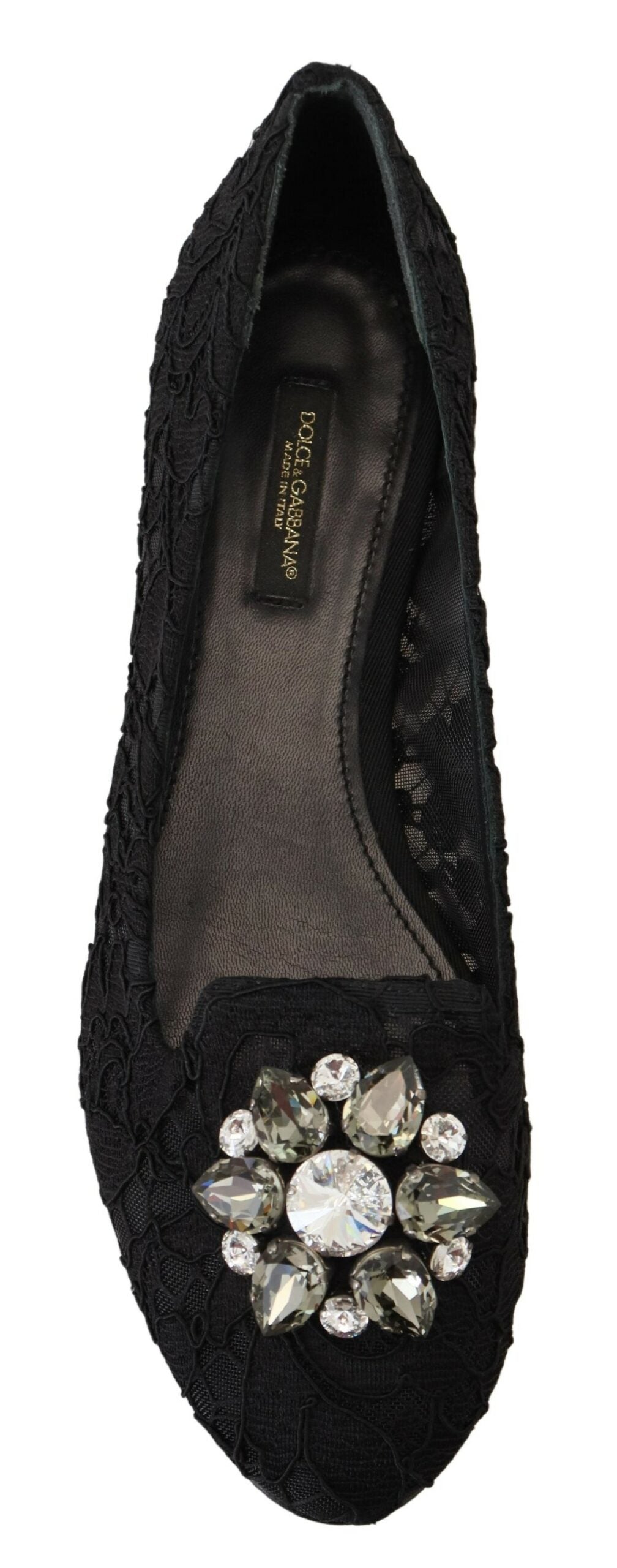 Dolce & Gabbana Black Taormina Lace Crystals Flats Shoes - DEA STILOSA MILANO
