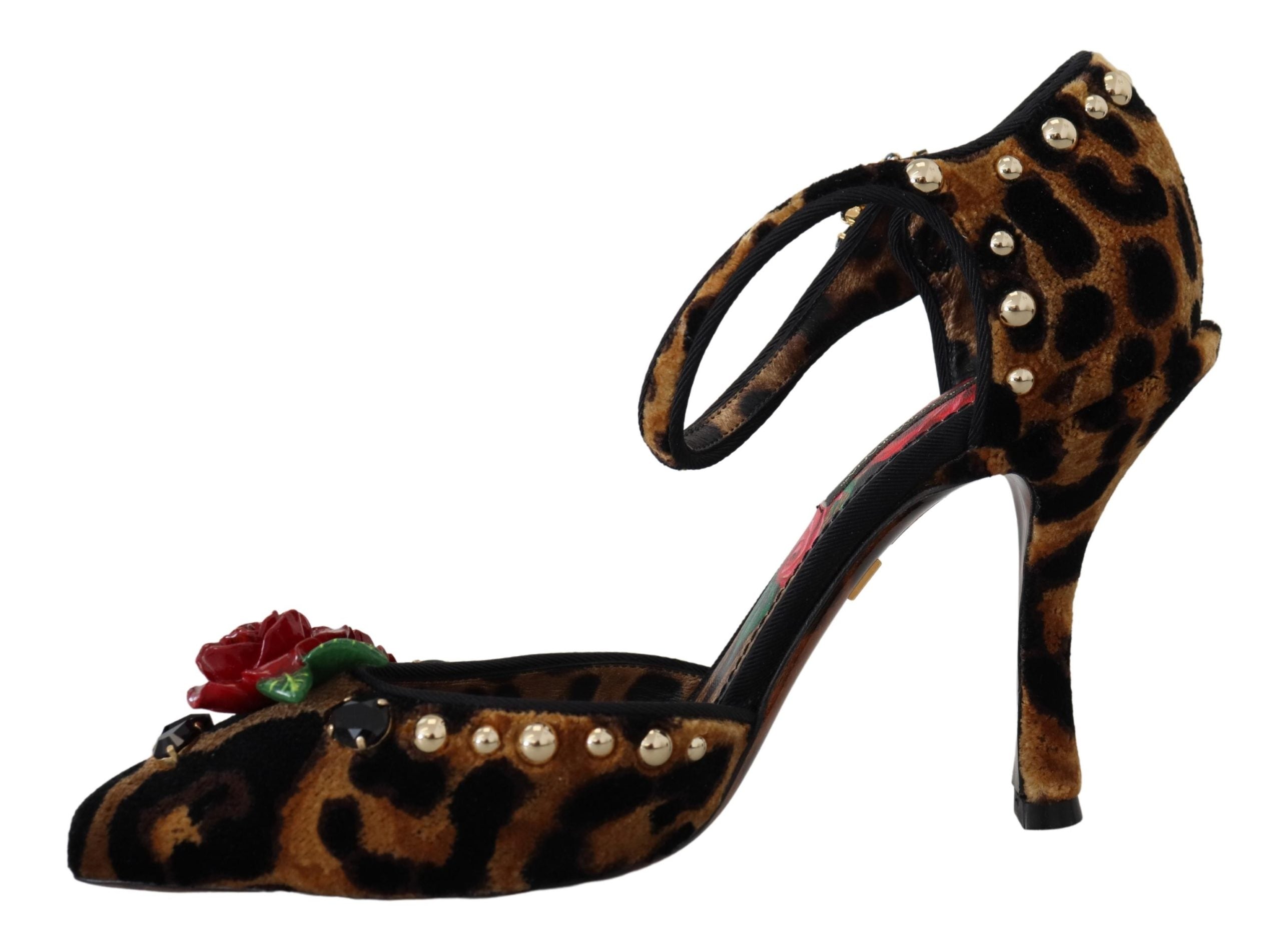 Dolce & Gabbana Brown Embellished Leopard Print Heels Shoes - DEA STILOSA MILANO