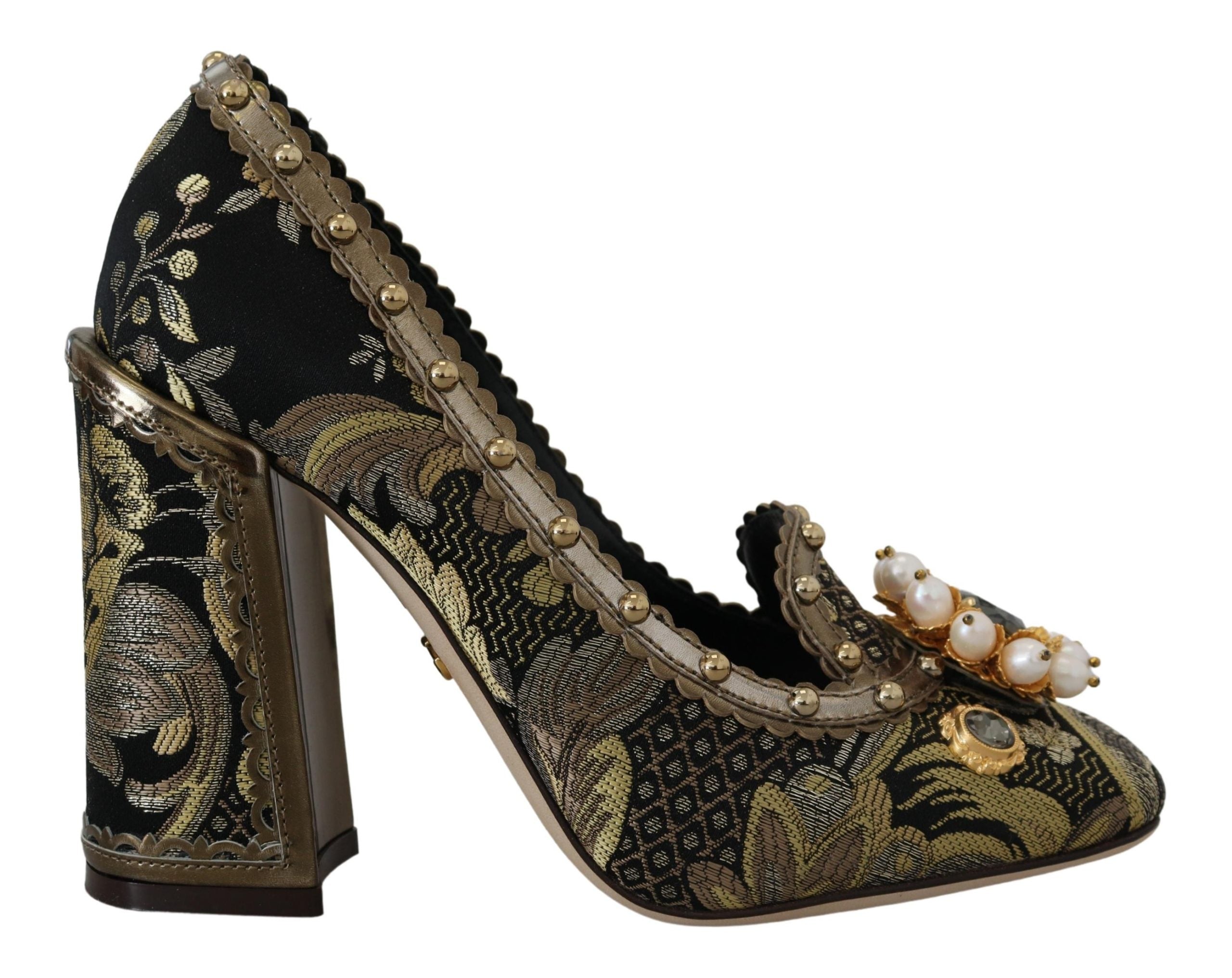 Dolce & Gabbana Gold Crystal Square Toe Brocade Pumps Shoes - DEA STILOSA MILANO