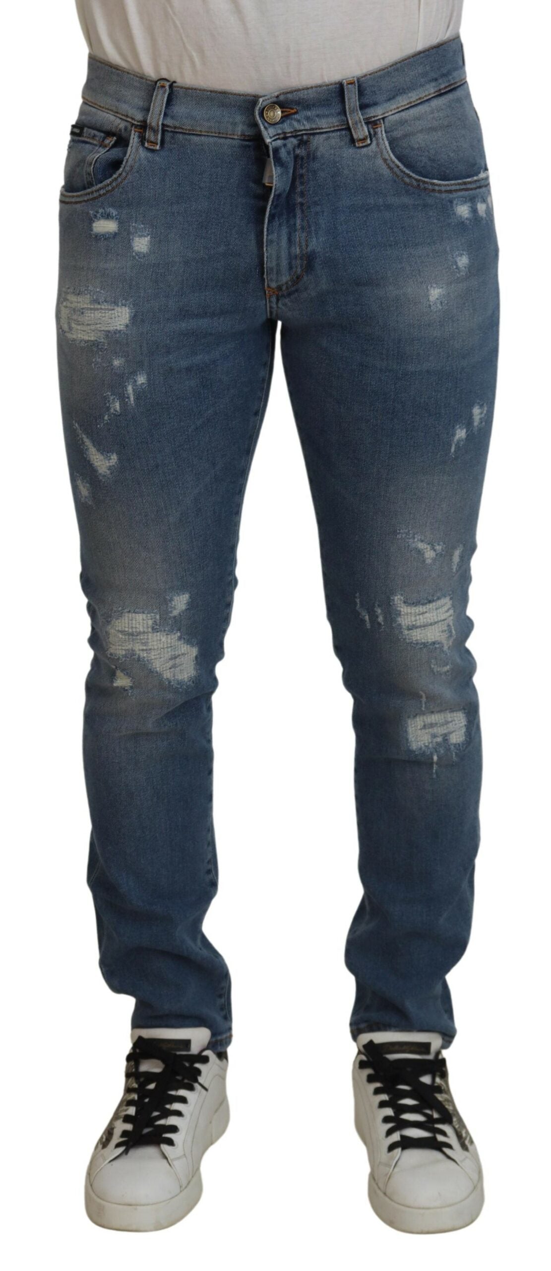 Dolce & Gabbana Blue Slim Fit Tattered Cotton Denim Jeans - DEA STILOSA MILANO