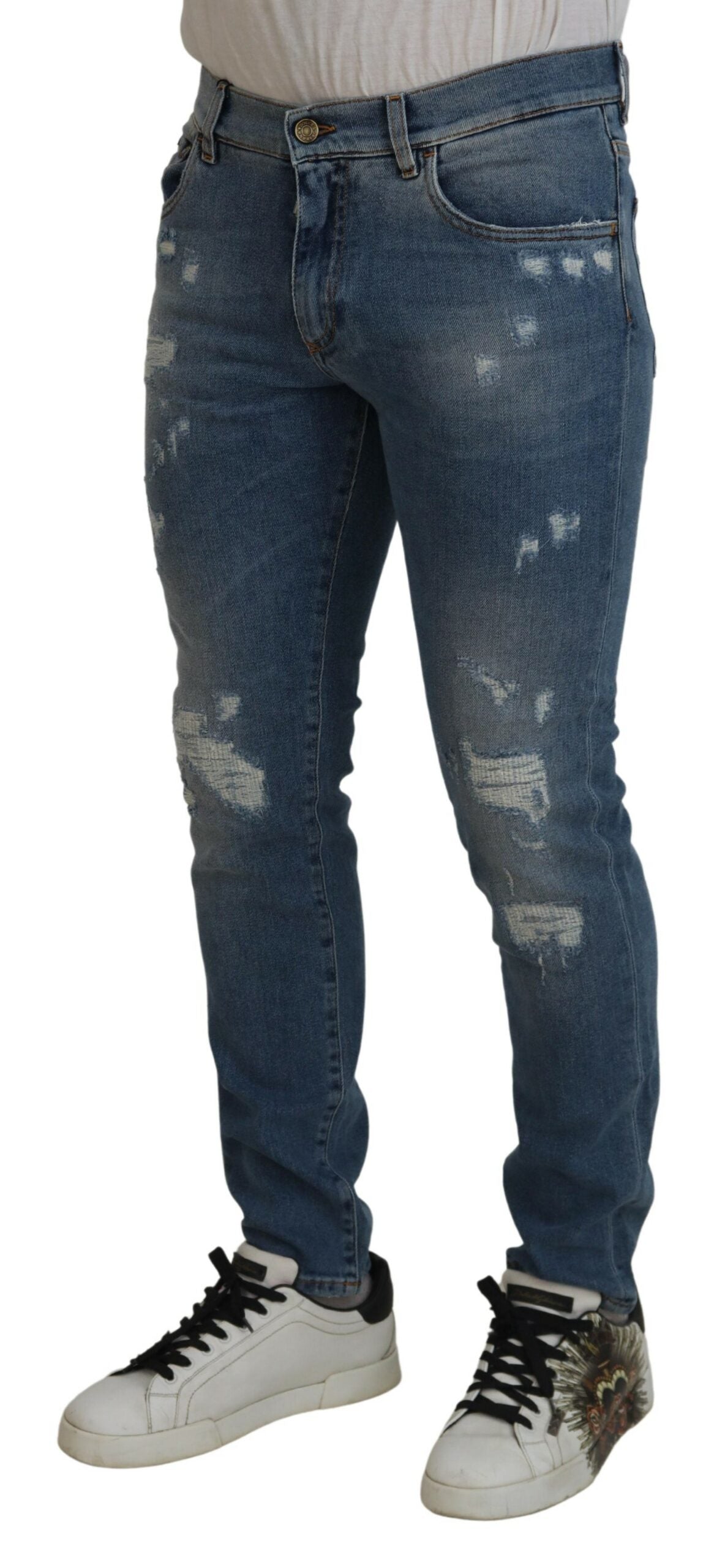 Dolce & Gabbana Blue Slim Fit Tattered Cotton Denim Jeans - DEA STILOSA MILANO