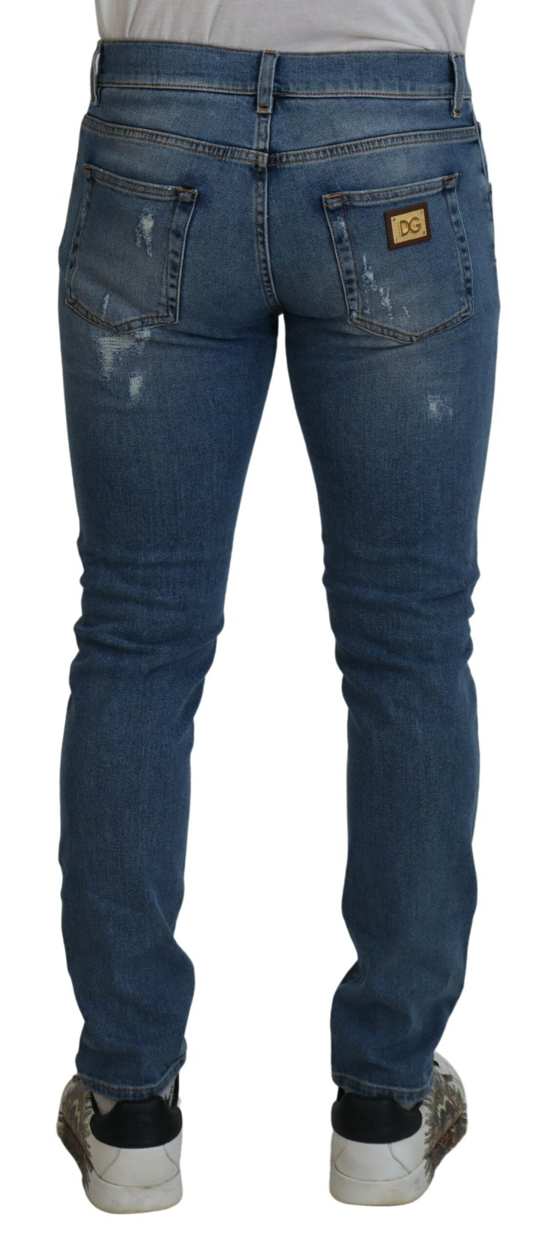 Dolce & Gabbana Blue Slim Fit Tattered Cotton Denim Jeans - DEA STILOSA MILANO
