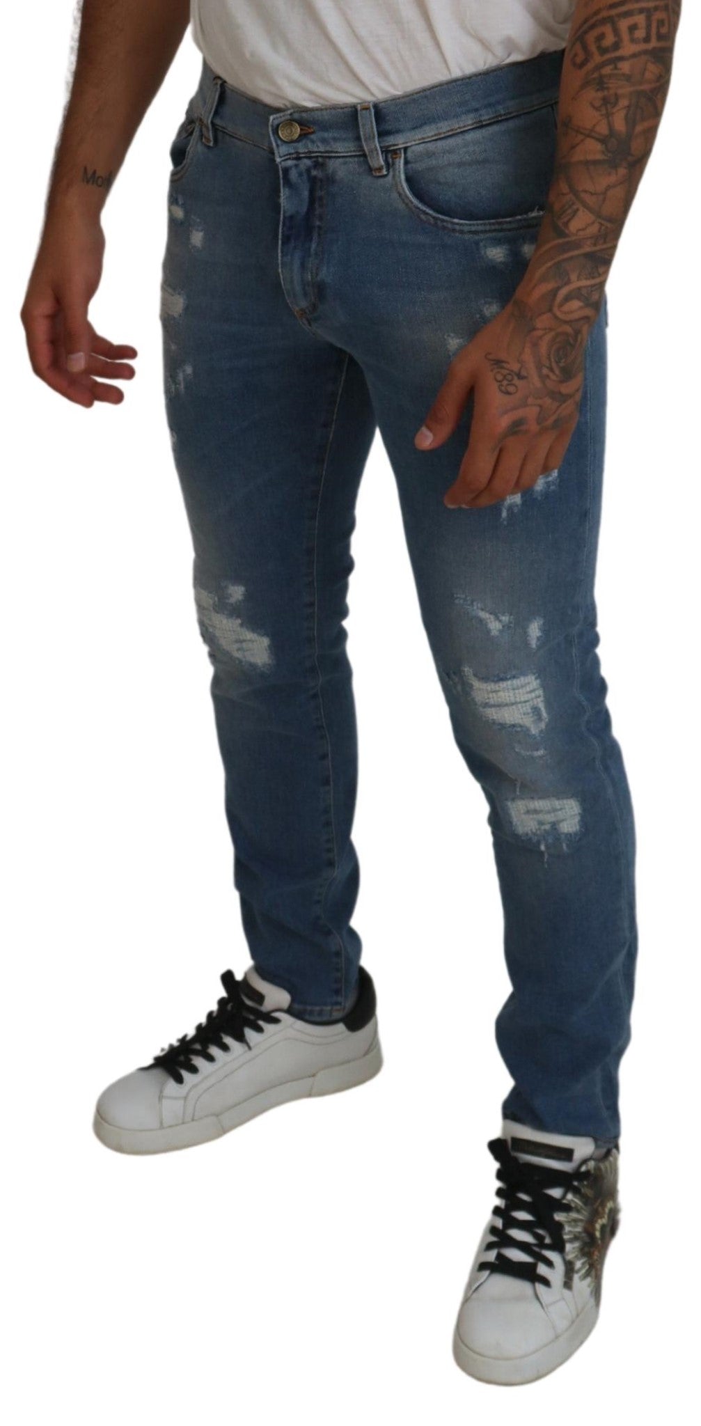 Dolce & Gabbana Blue Slim Fit Tattered Cotton Denim Jeans - DEA STILOSA MILANO