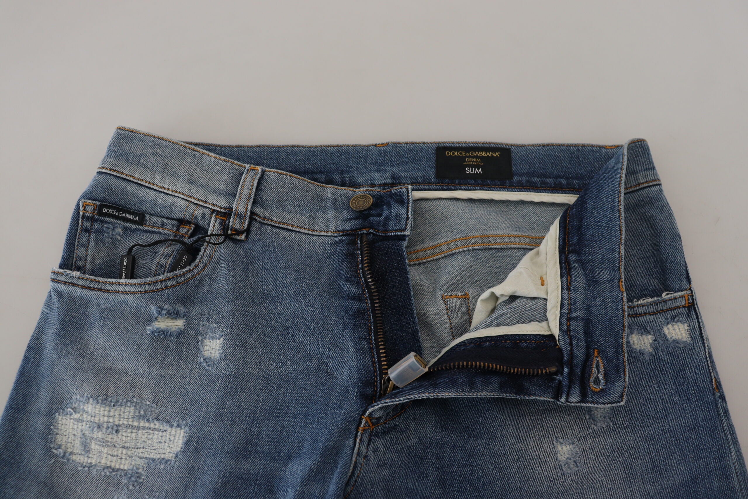 Dolce & Gabbana Blue Slim Fit Tattered Cotton Denim Jeans - DEA STILOSA MILANO