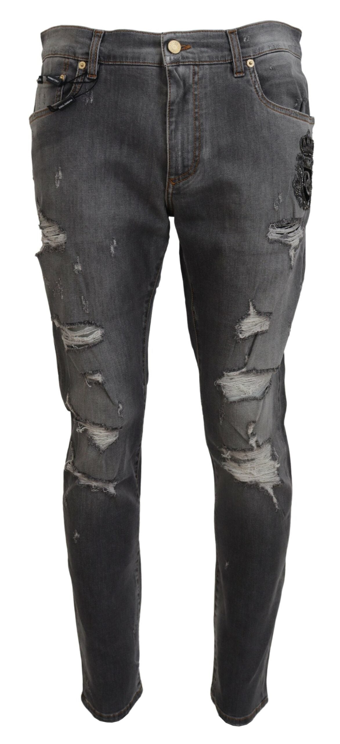 Dolce & Gabbana Gray Embroidery Tattered Slim Fit Denim Jeans - DEA STILOSA MILANO