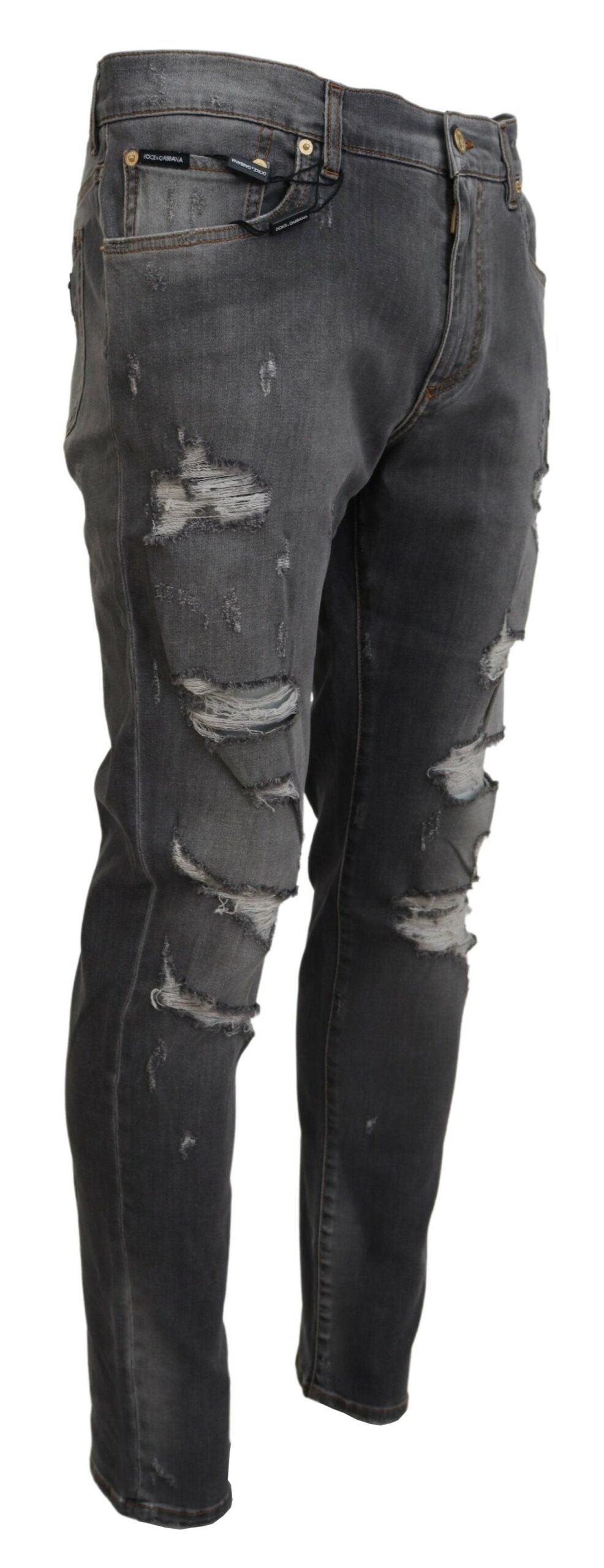 Dolce & Gabbana Gray Embroidery Tattered Slim Fit Denim Jeans - DEA STILOSA MILANO