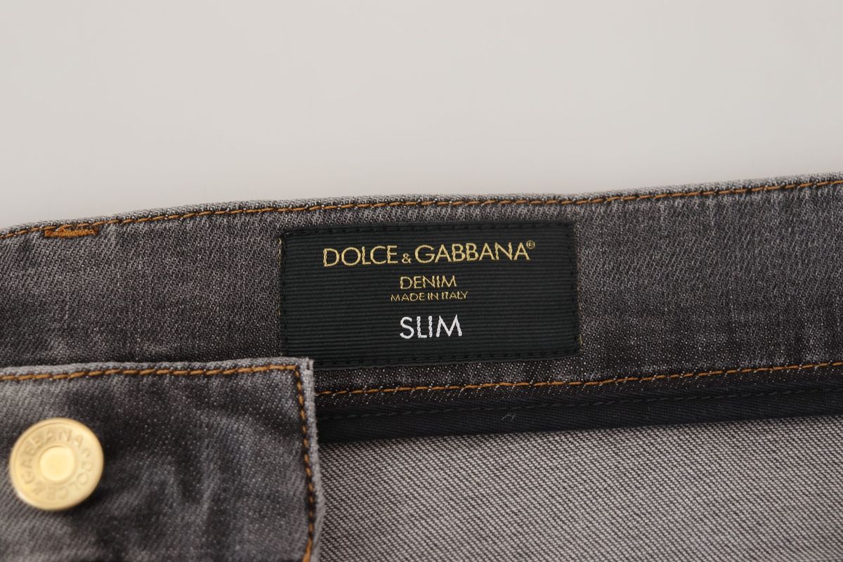 Dolce & Gabbana Gray Embroidery Tattered Slim Fit Denim Jeans - DEA STILOSA MILANO