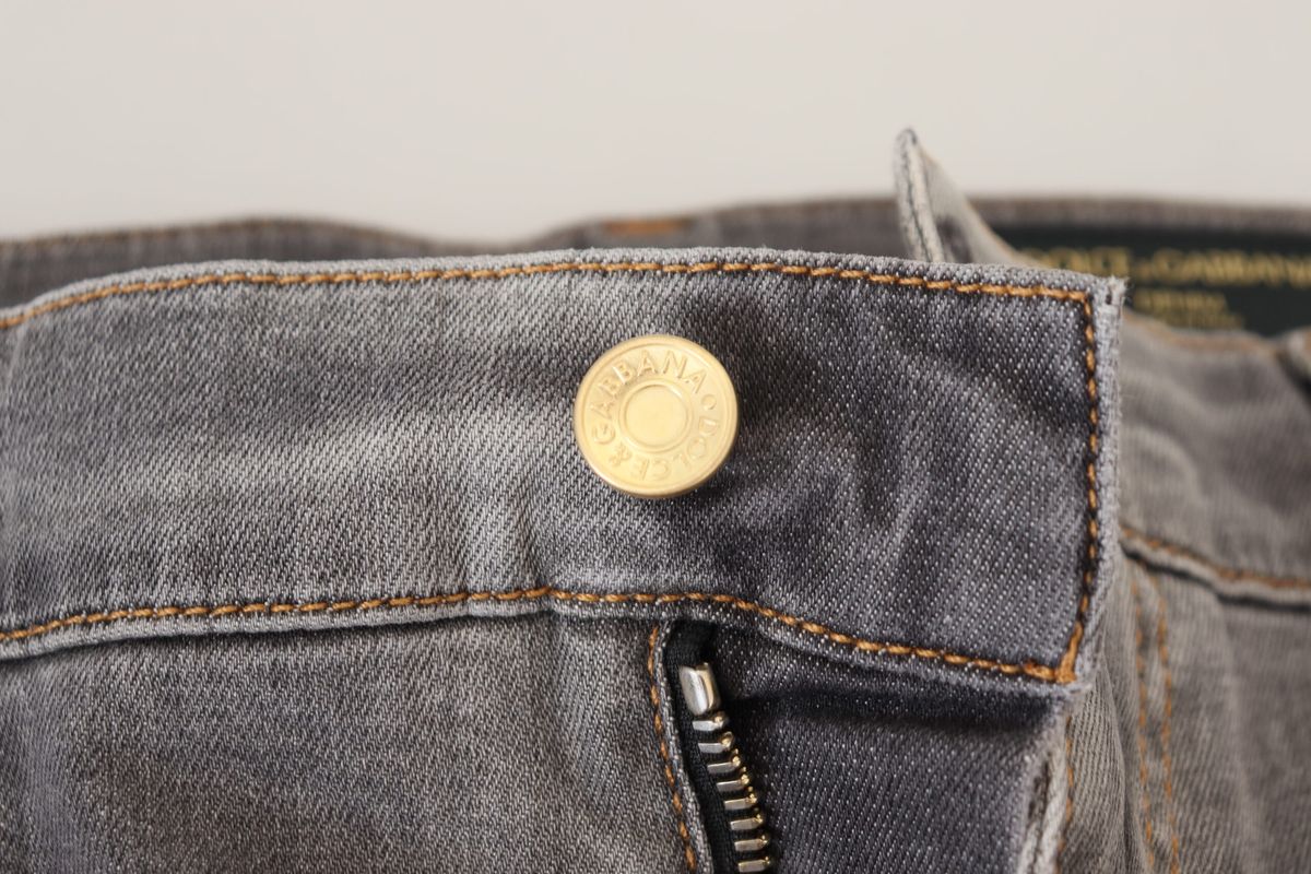 Dolce & Gabbana Gray Embroidery Tattered Slim Fit Denim Jeans - DEA STILOSA MILANO