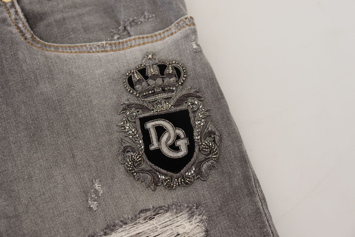 Dolce & Gabbana Gray Embroidery Tattered Slim Fit Denim Jeans - DEA STILOSA MILANO