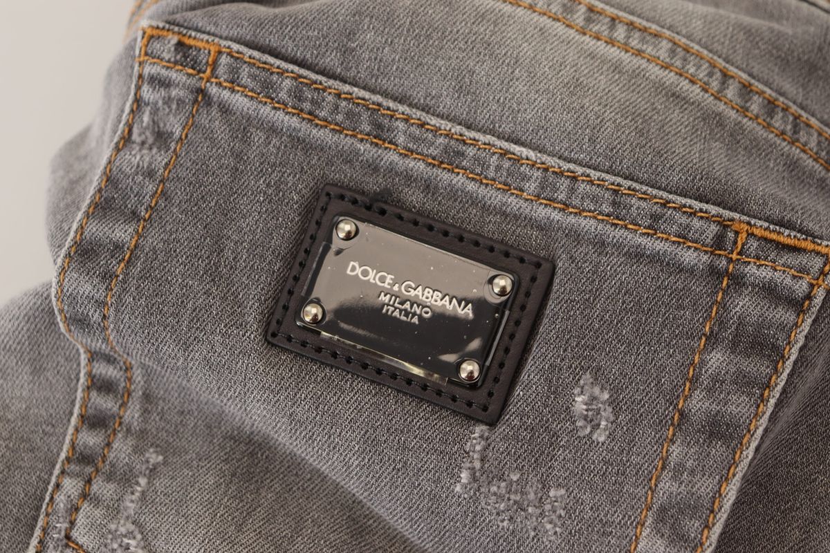 Dolce & Gabbana Gray Embroidery Tattered Slim Fit Denim Jeans - DEA STILOSA MILANO