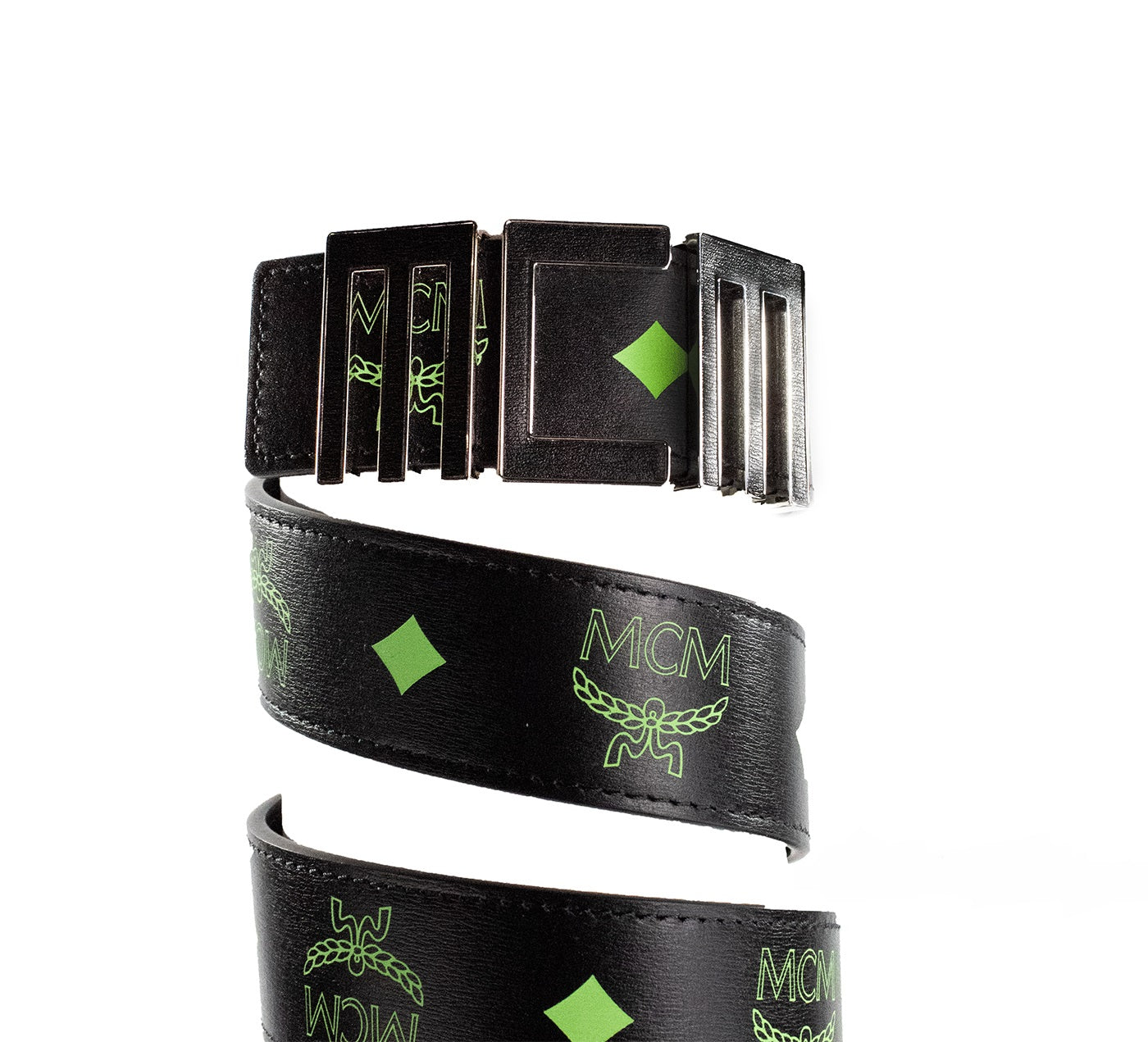 MCM Claus Mens Summer Green Smooth Visetos Logo Leather Numeric Buckle Belt - DEA STILOSA MILANO