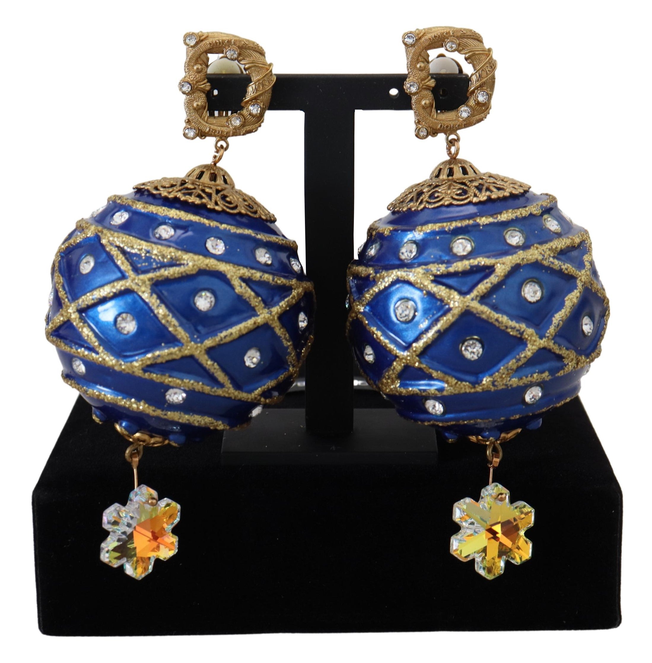 Dolce & Gabbana Gold Brass Blue Dangle Ball Crystal Clip On Earrings - DEA STILOSA MILANO