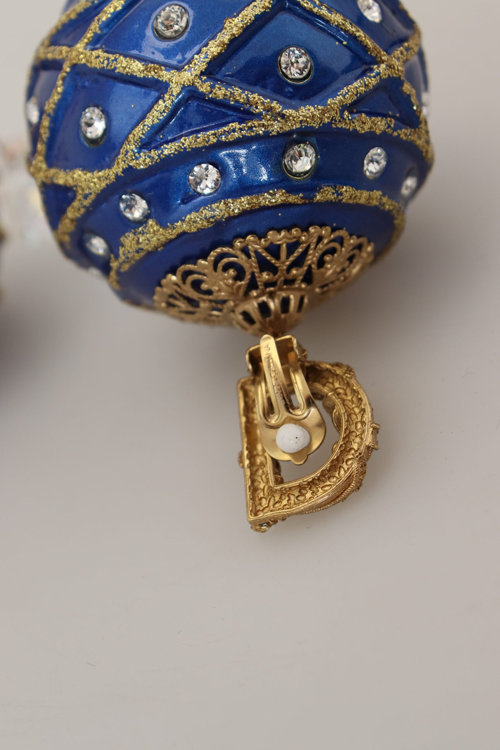 Dolce & Gabbana Gold Brass Blue Dangle Ball Crystal Clip On Earrings - DEA STILOSA MILANO