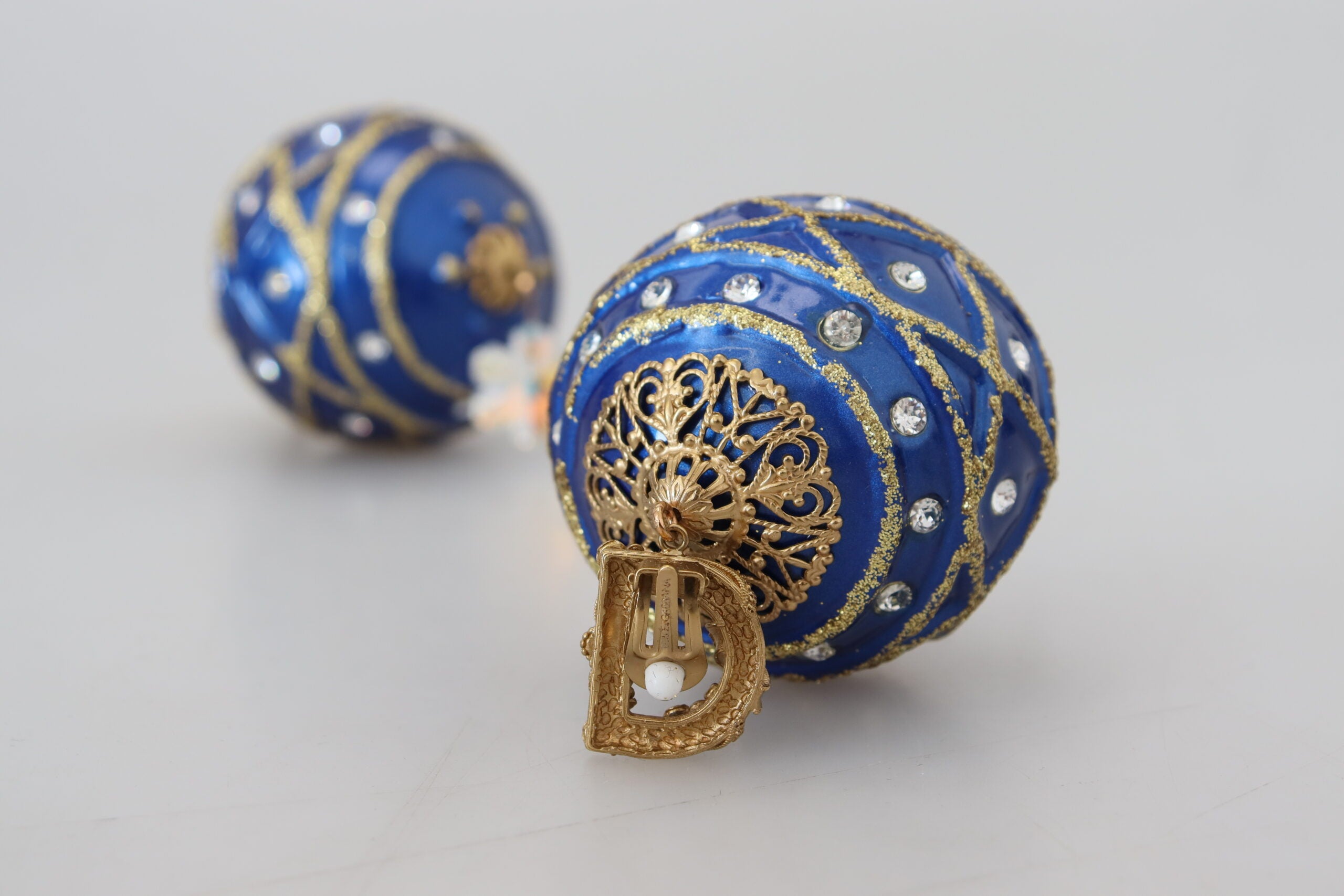 Dolce & Gabbana Gold Brass Blue Dangle Ball Crystal Clip On Earrings - DEA STILOSA MILANO