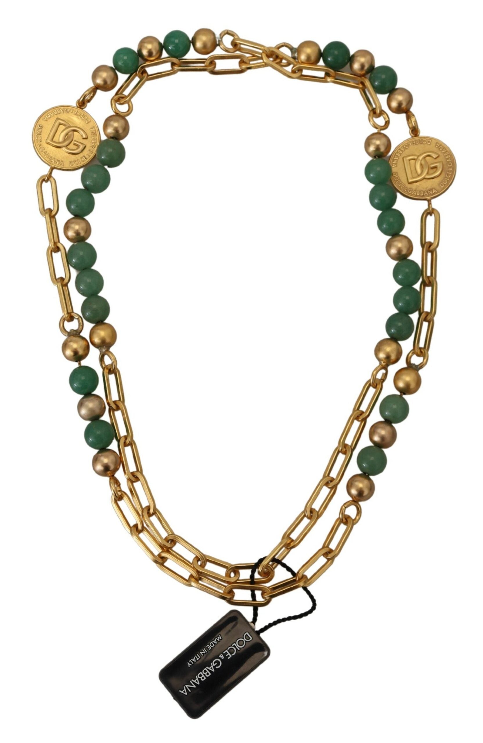 Dolce & Gabbana Gold Brass Natural Gem Beaded Logo Chain Necklace - DEA STILOSA MILANO