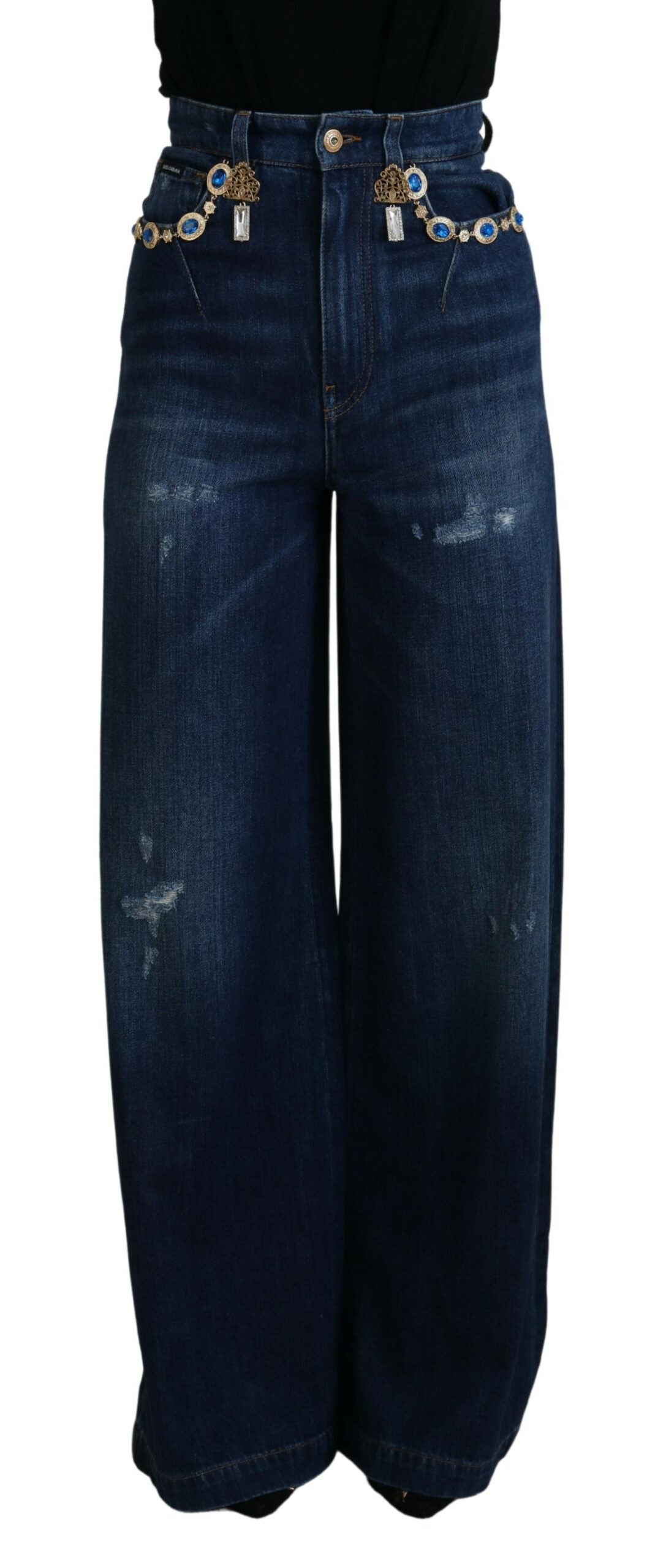Dolce & Gabbana Blue Embellished Straight Denim Cotton Jeans - DEA STILOSA MILANO