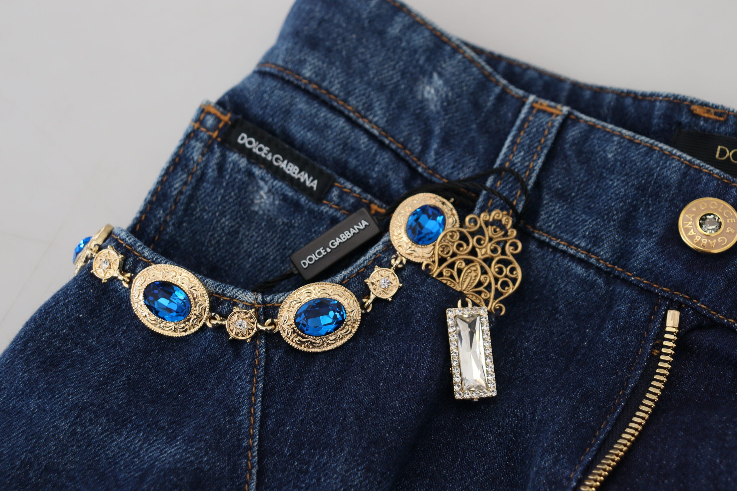 Dolce & Gabbana Blue Embellished Straight Denim Cotton Jeans - DEA STILOSA MILANO