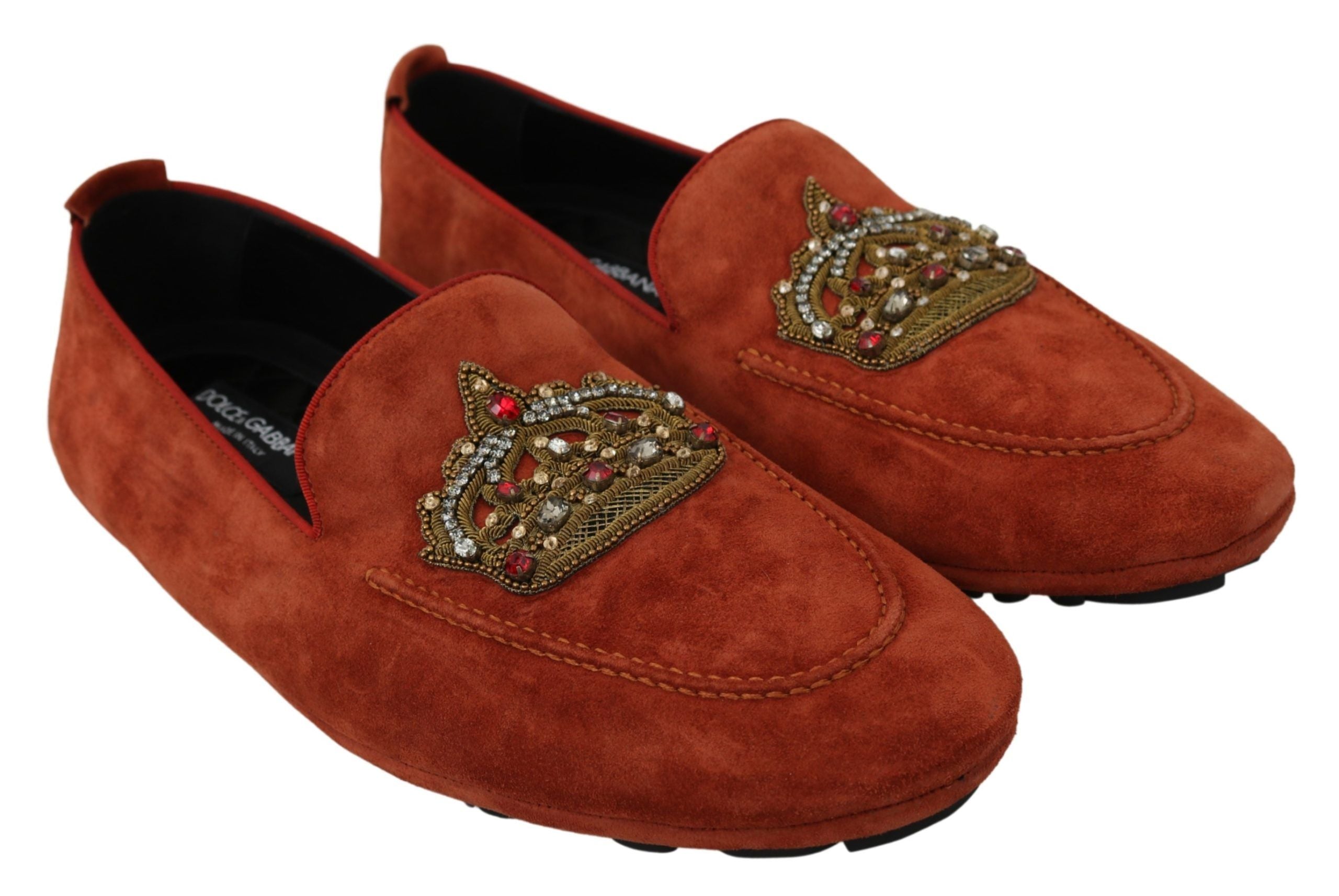 Dolce & Gabbana Orange Leather Moccasins Crystal Crown Slippers Shoes - DEA STILOSA MILANO