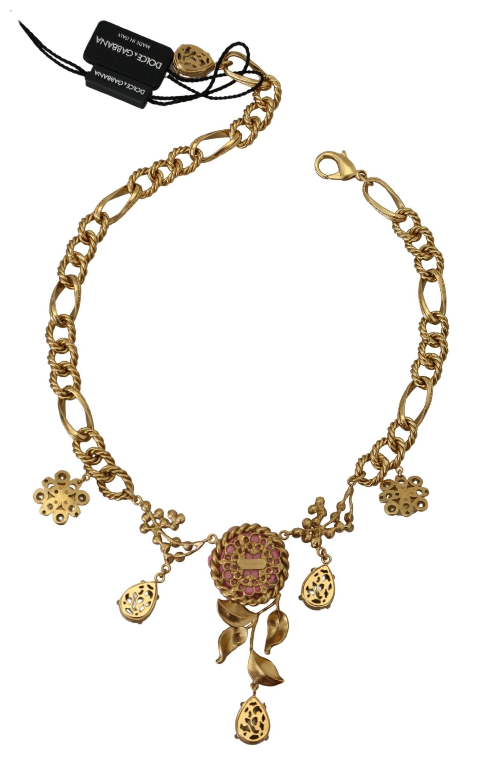 Dolce & Gabbana Gold Brass Chain Crystal Floral Roses Jewelry Necklace - DEA STILOSA MILANO