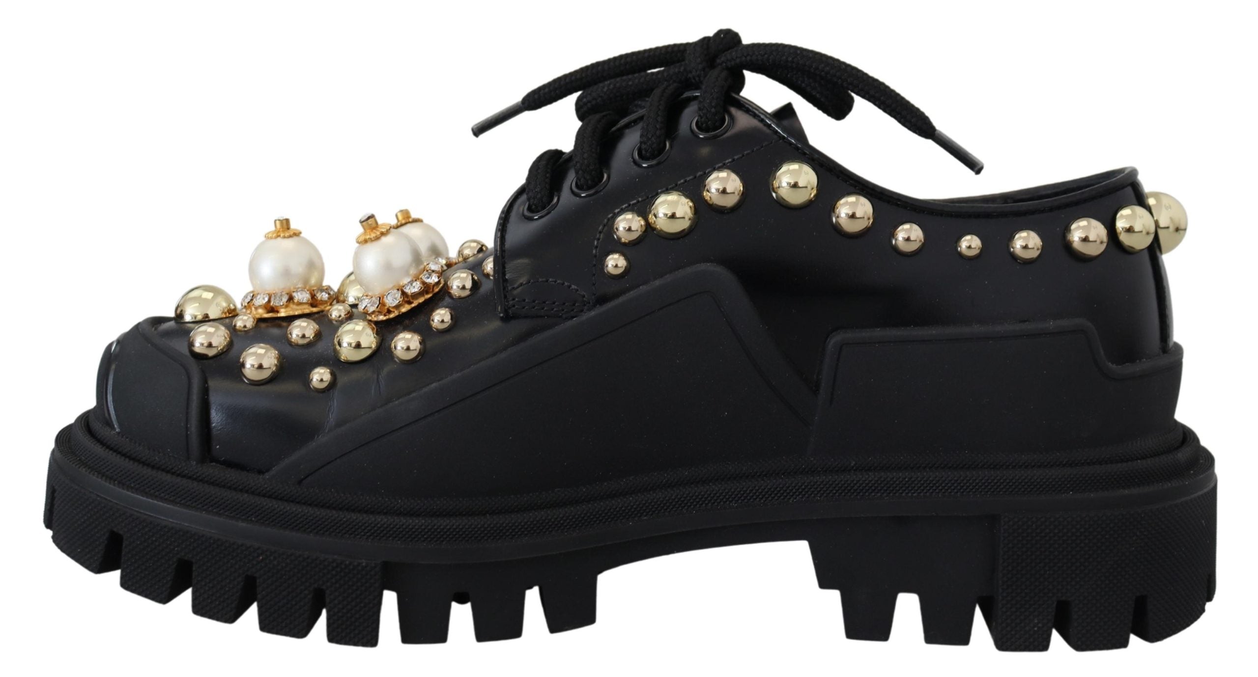 Dolce & Gabbana Black Leather Trekking Derby Embellished Shoes - DEA STILOSA MILANO