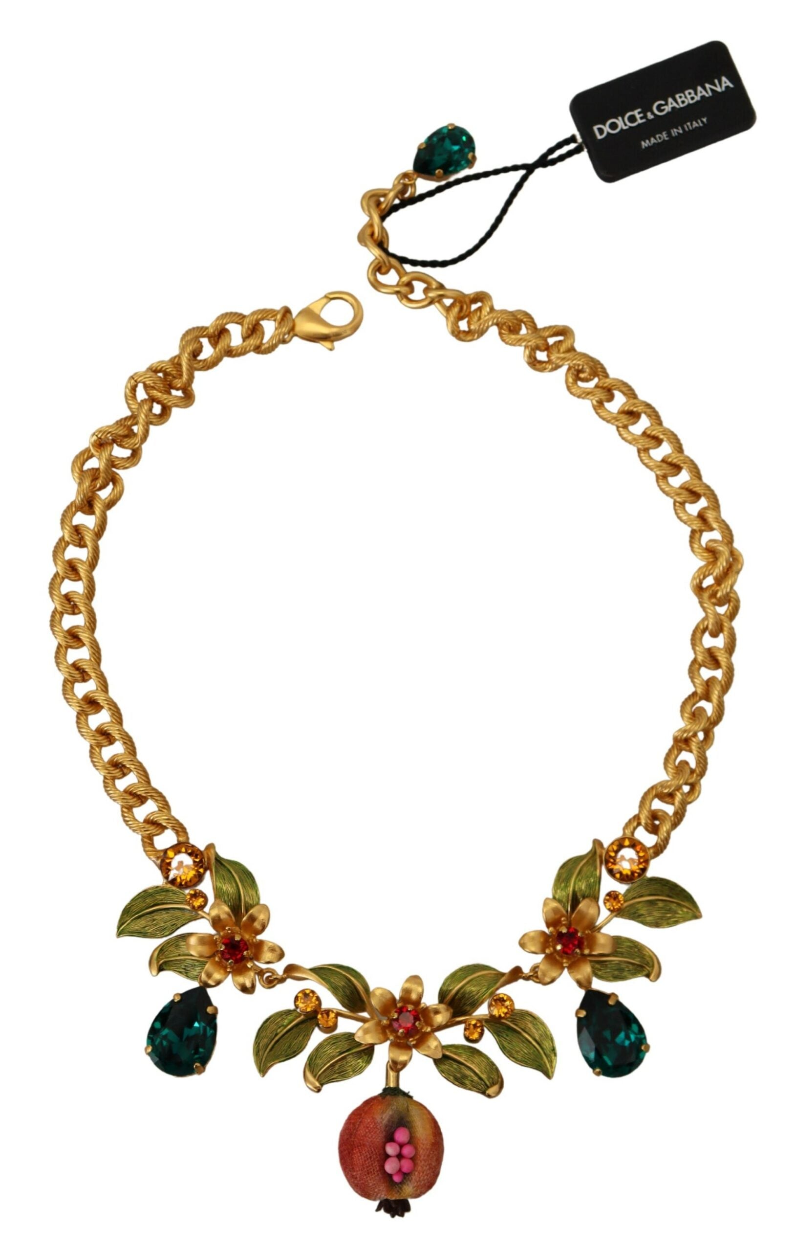 Dolce & Gabbana Gold Brass Crystal Logo Fruit Floral Statement Necklace - DEA STILOSA MILANO