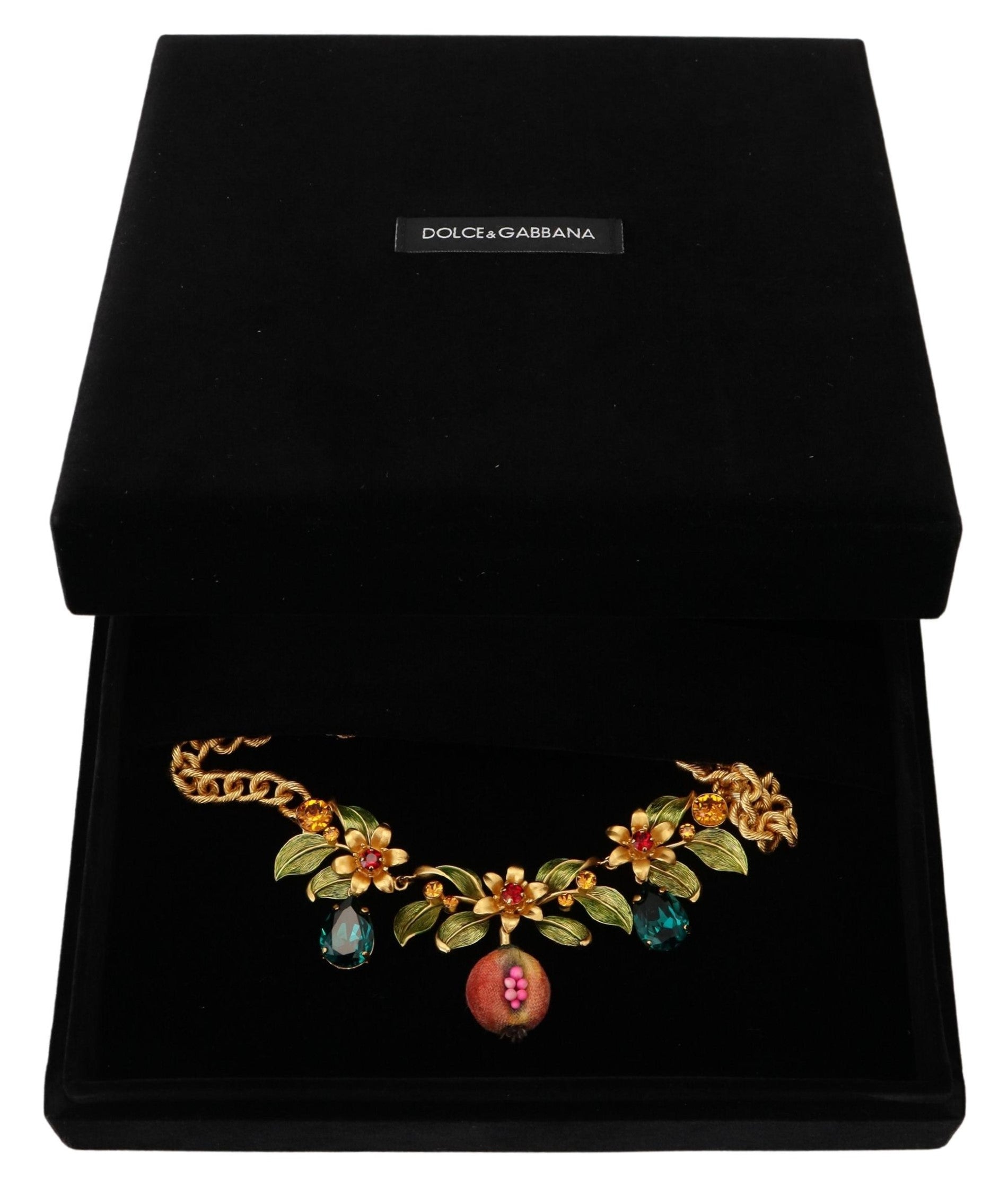 Dolce & Gabbana Gold Brass Crystal Logo Fruit Floral Statement Necklace - DEA STILOSA MILANO