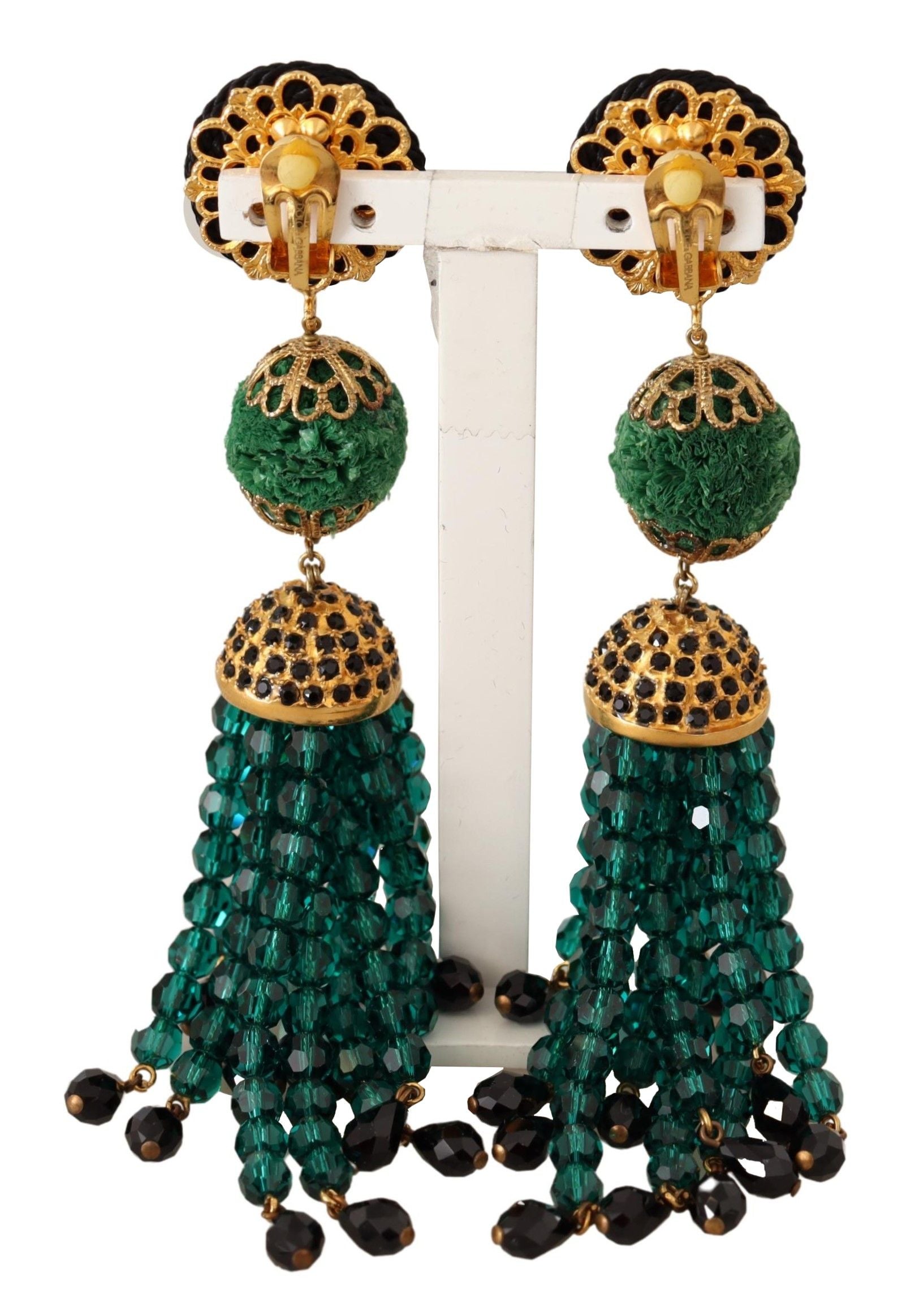 Dolce & Gabbana Green Crystals Gold Tone Drop Clip-on Dangle Earrings - DEA STILOSA MILANO