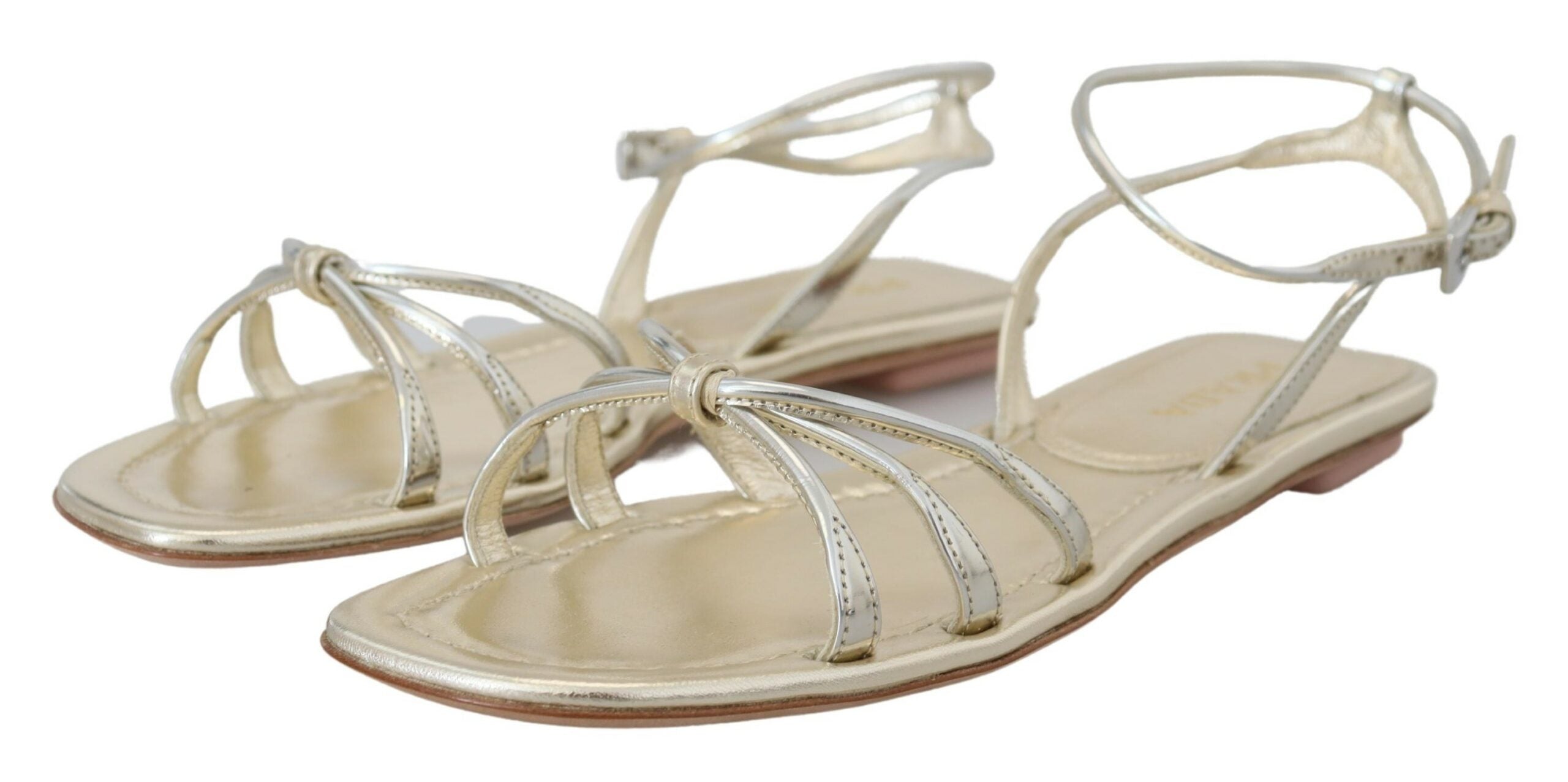 Prada Metallic Silver Leather Sandals Ankle Strap Flats Shoes - DEA STILOSA MILANO