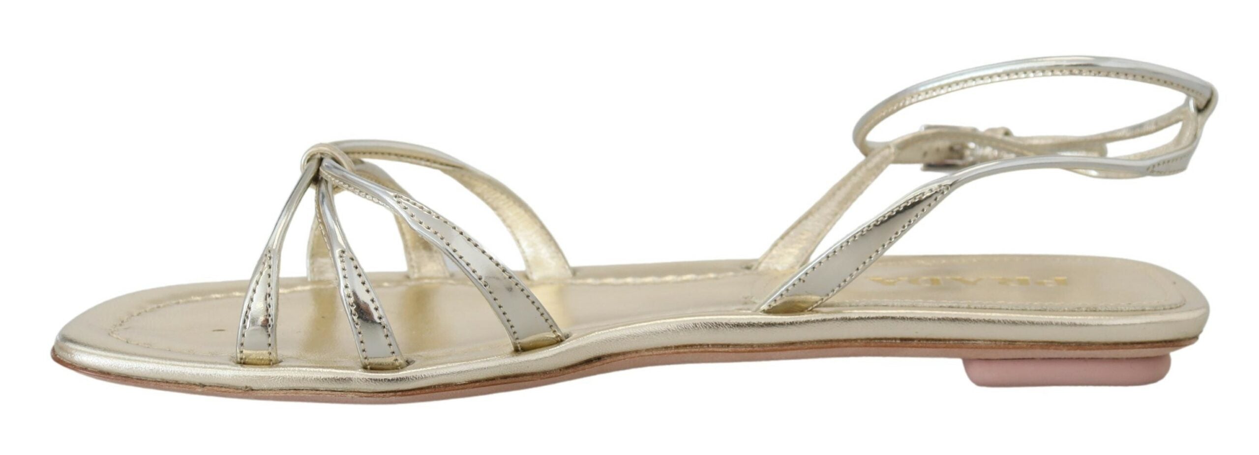 Prada Metallic Silver Leather Sandals Ankle Strap Flats Shoes - DEA STILOSA MILANO