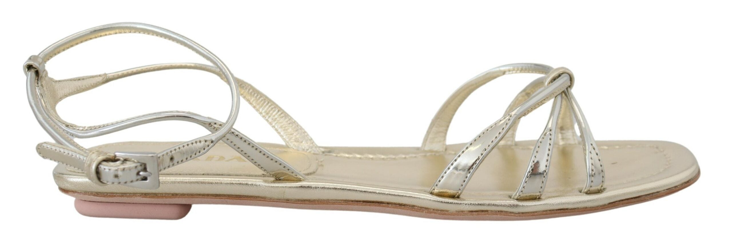 Prada Metallic Silver Leather Sandals Ankle Strap Flats Shoes - DEA STILOSA MILANO