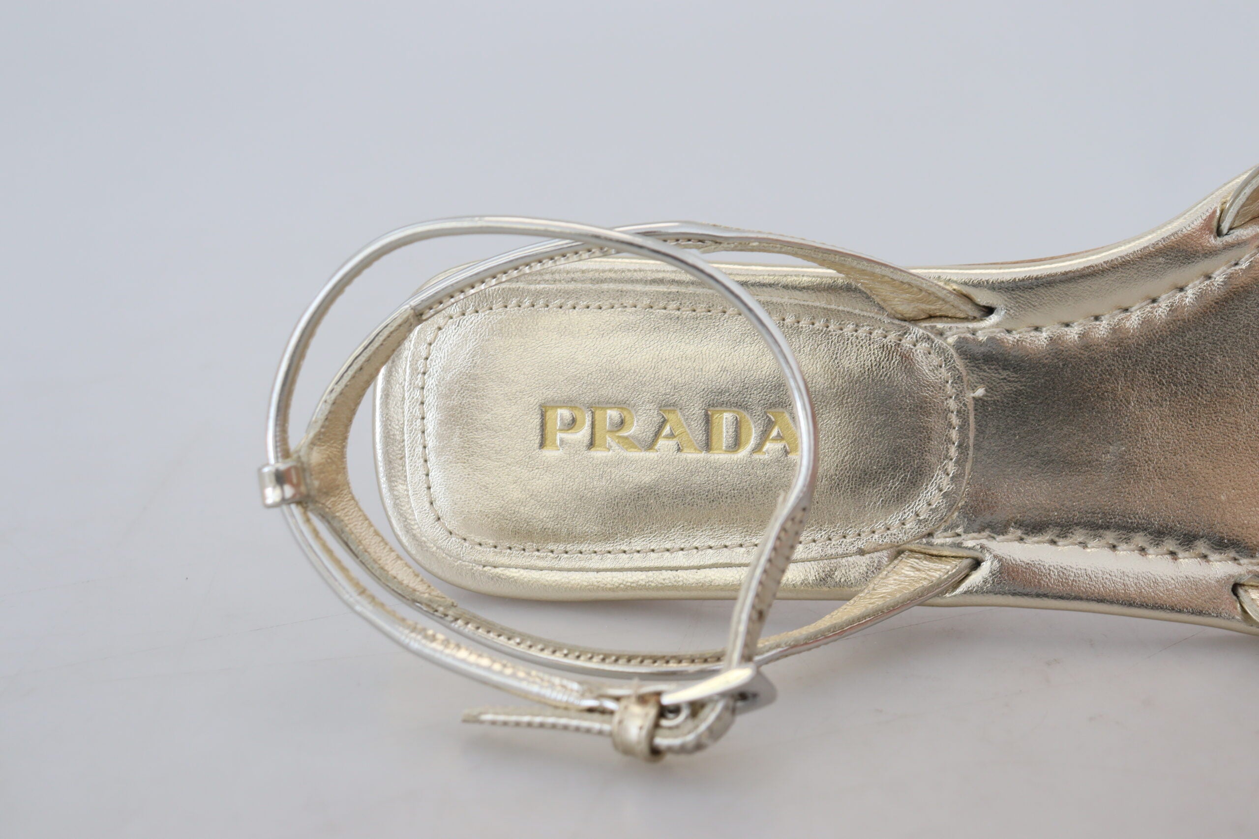 Prada Metallic Silver Leather Sandals Ankle Strap Flats Shoes - DEA STILOSA MILANO