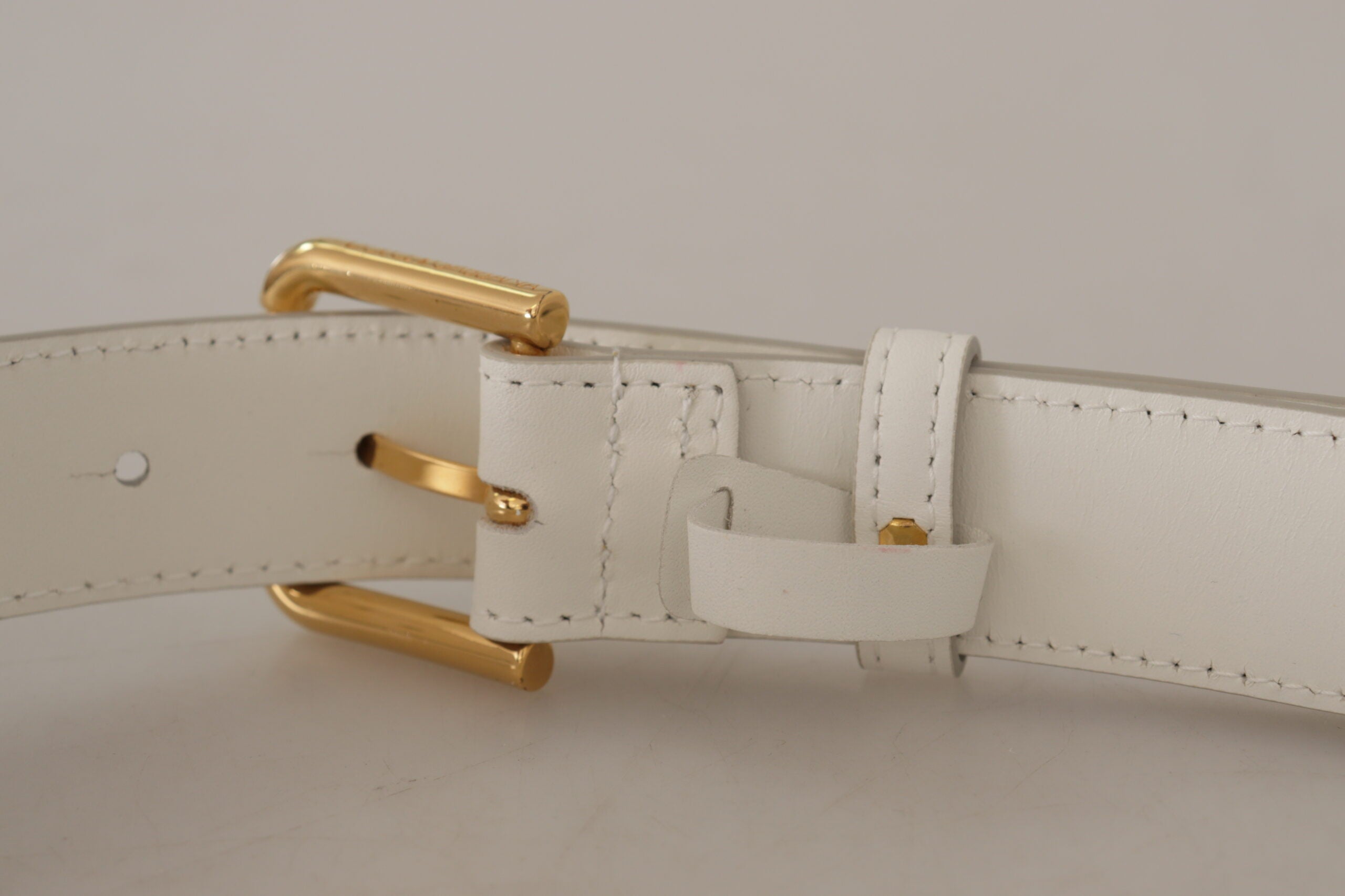 Dolce & Gabbana White Calf Leather Gold Tone Logo Metal Buckle Belt - DEA STILOSA MILANO