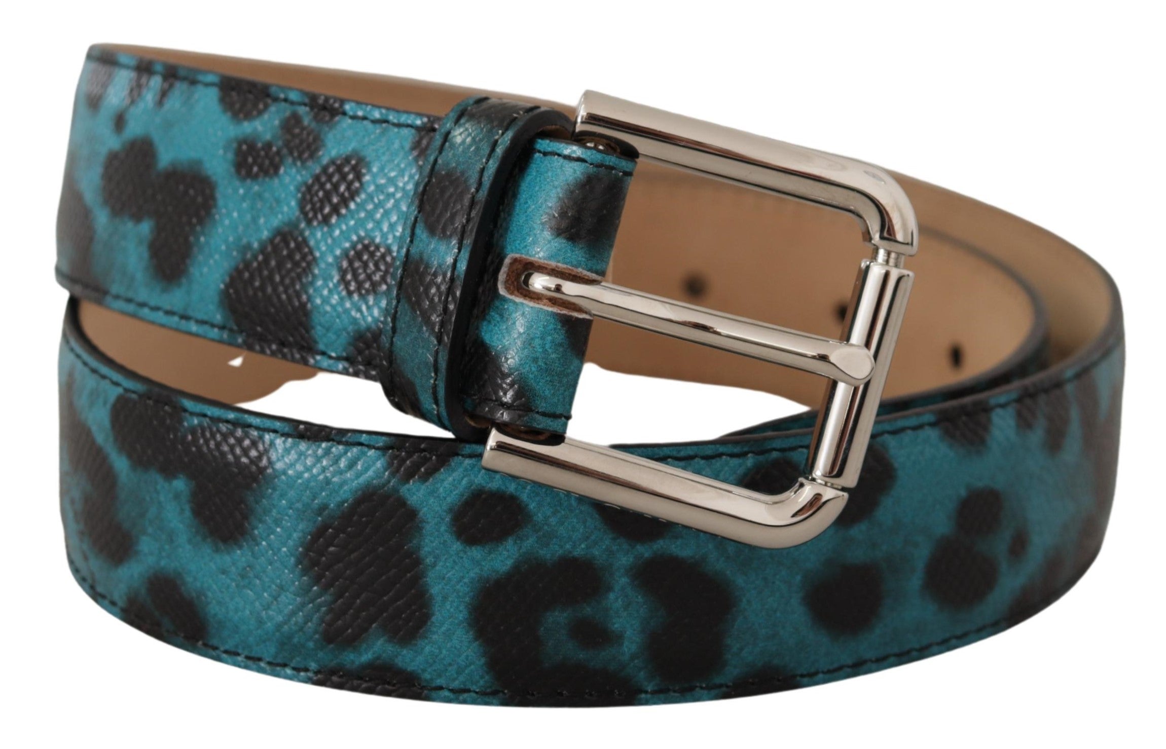 Dolce & Gabbana Blue Leopard Print Leather Logo Metal Buckle Belt - DEA STILOSA MILANO
