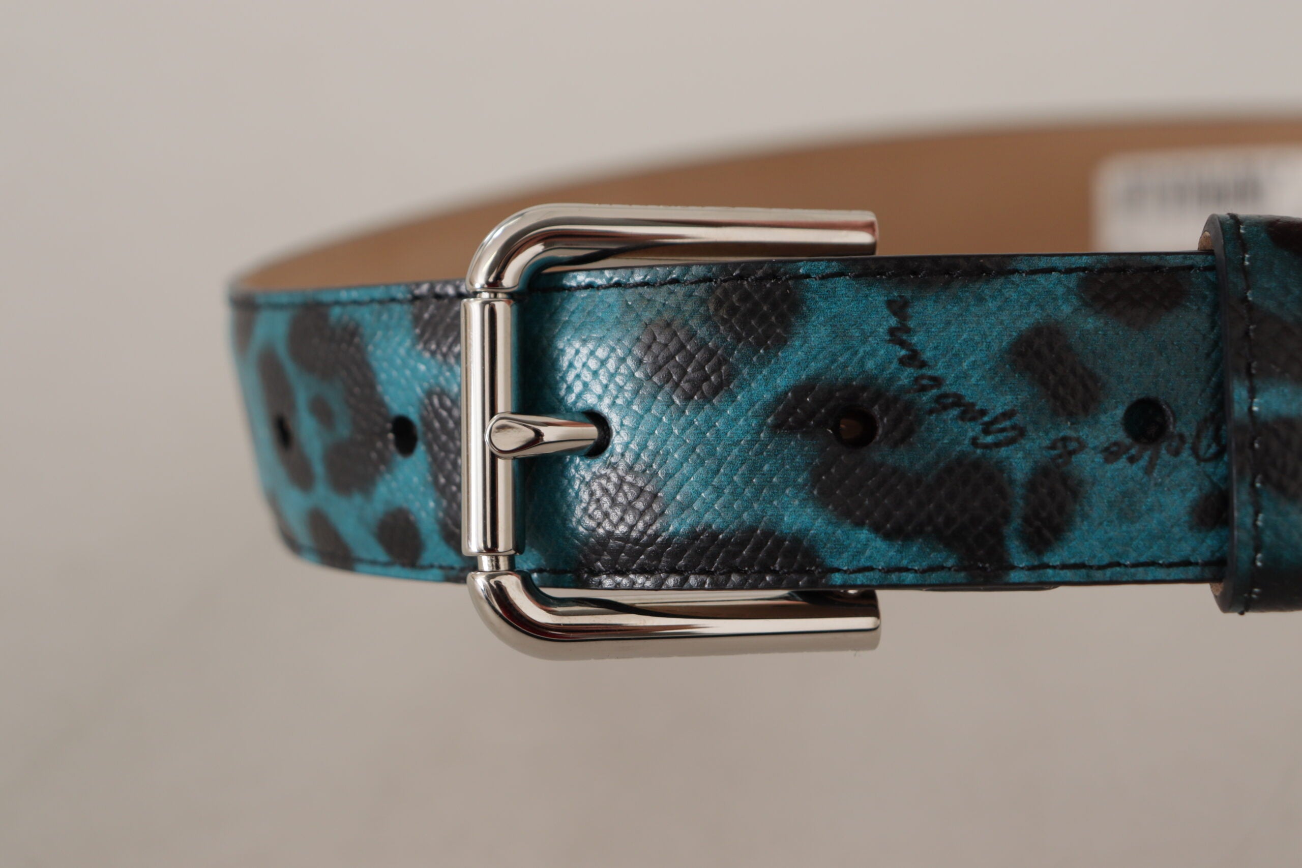 Dolce & Gabbana Blue Leopard Print Leather Logo Metal Buckle Belt - DEA STILOSA MILANO