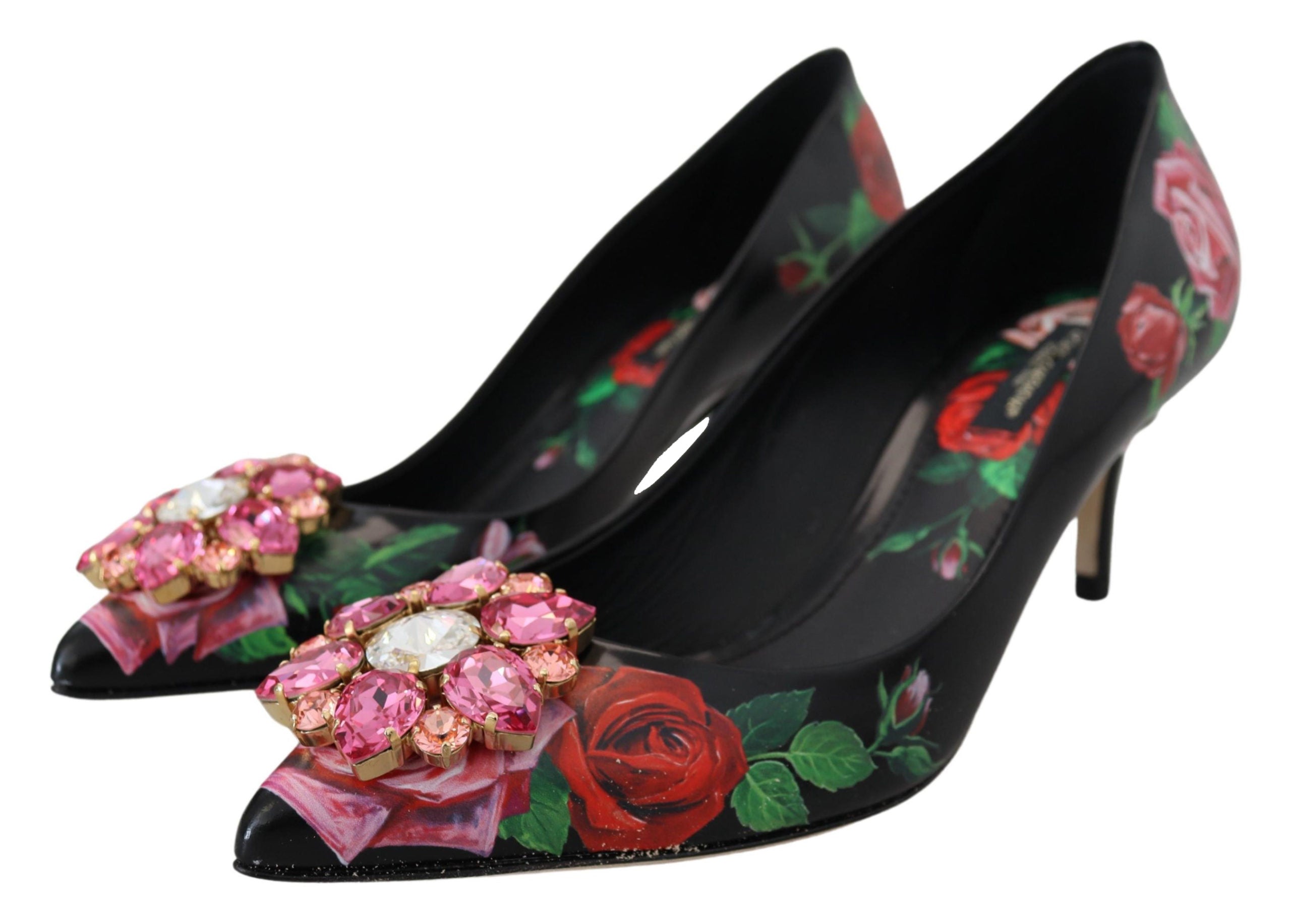Dolce & Gabbana Black Floral Print Crystal Heels Pumps Shoes - DEA STILOSA MILANO