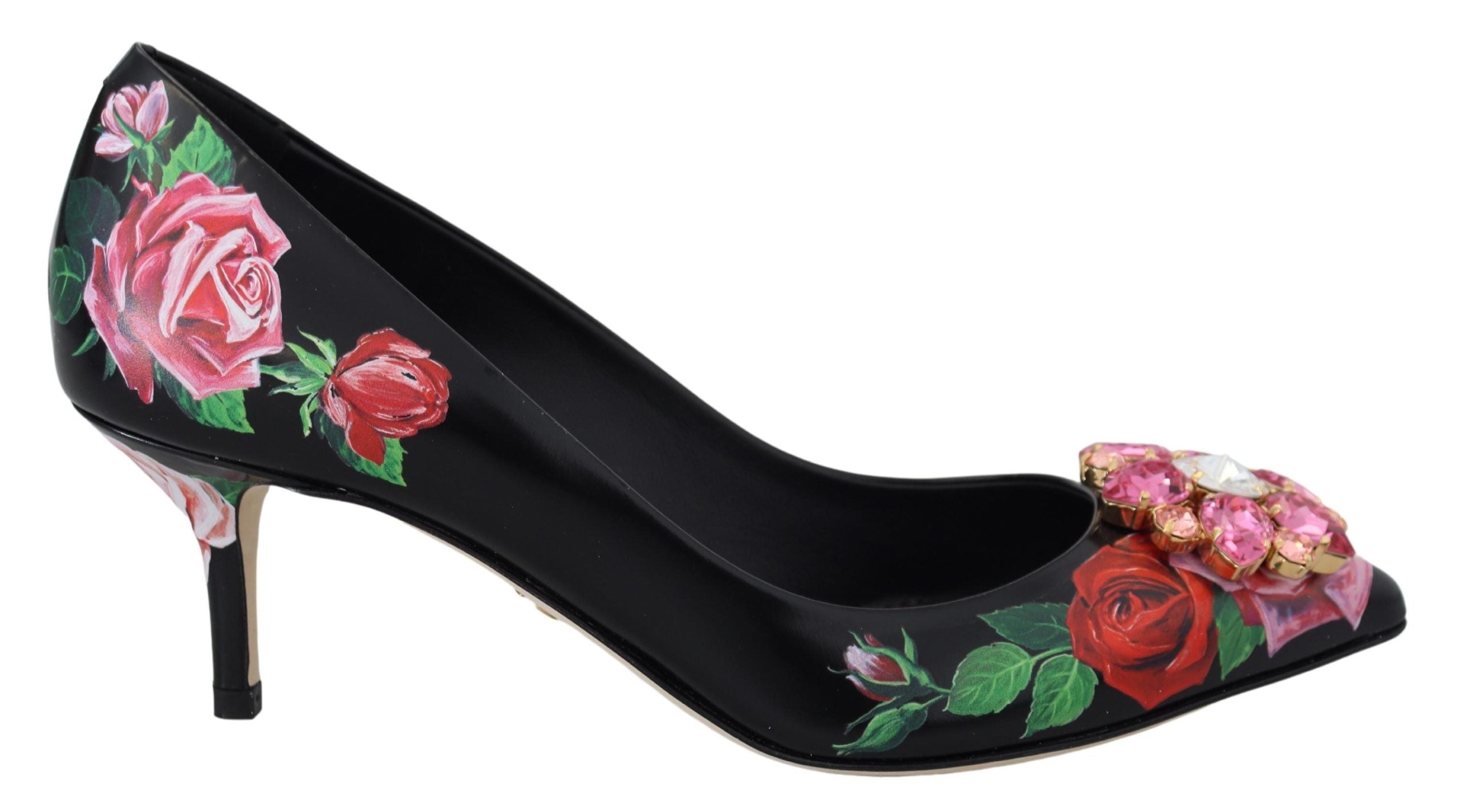 Dolce & Gabbana Black Floral Print Crystal Heels Pumps Shoes - DEA STILOSA MILANO