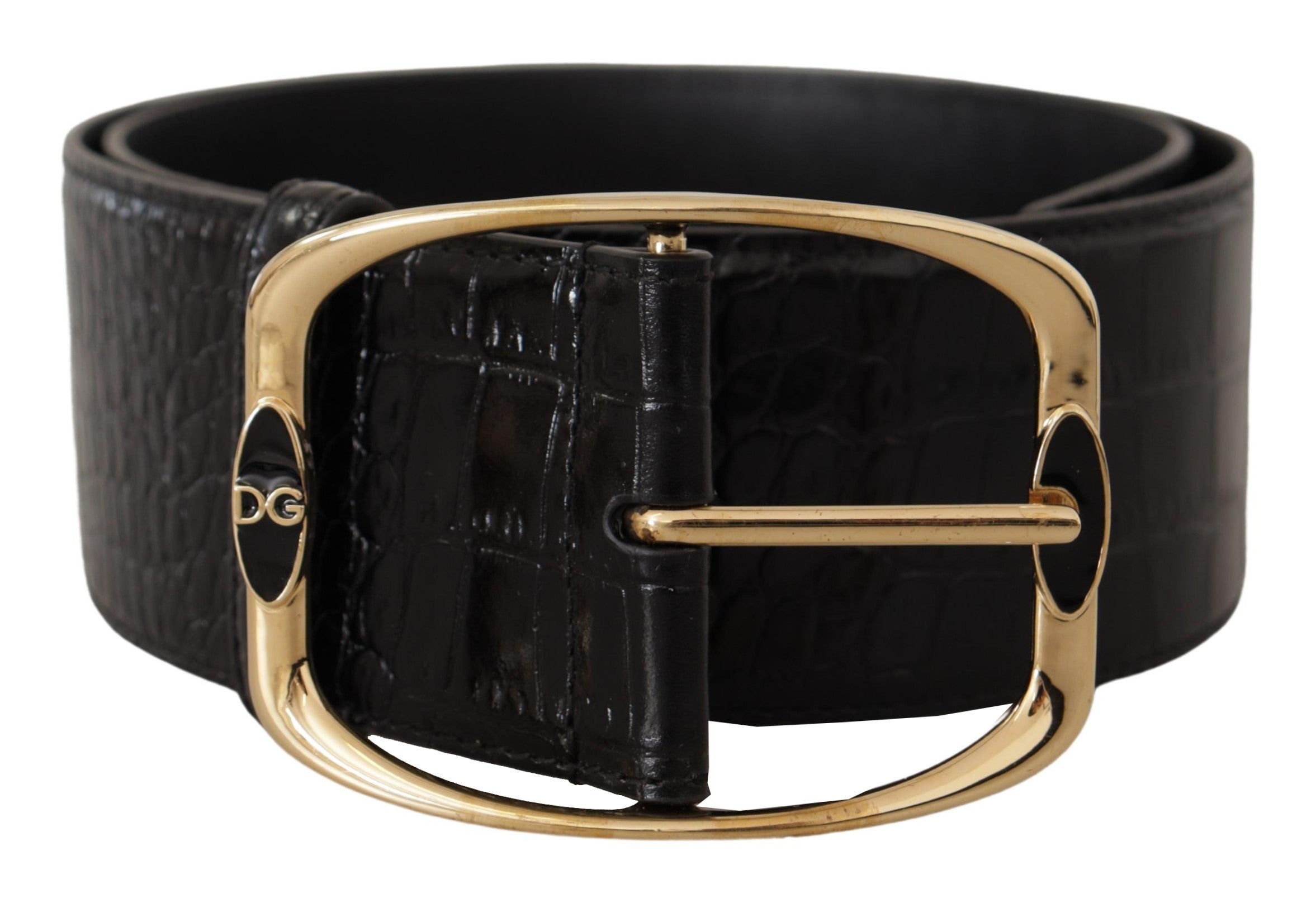 Dolce & Gabbana Black Crocodile Print Gold Metal DG Logo Buckle Belt - DEA STILOSA MILANO