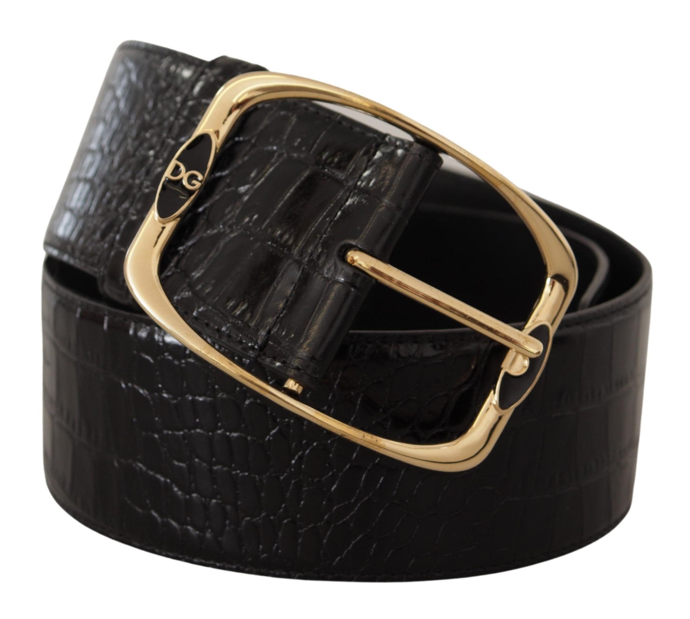 Dolce & Gabbana Black Crocodile Print Gold Metal DG Logo Buckle Belt - DEA STILOSA MILANO