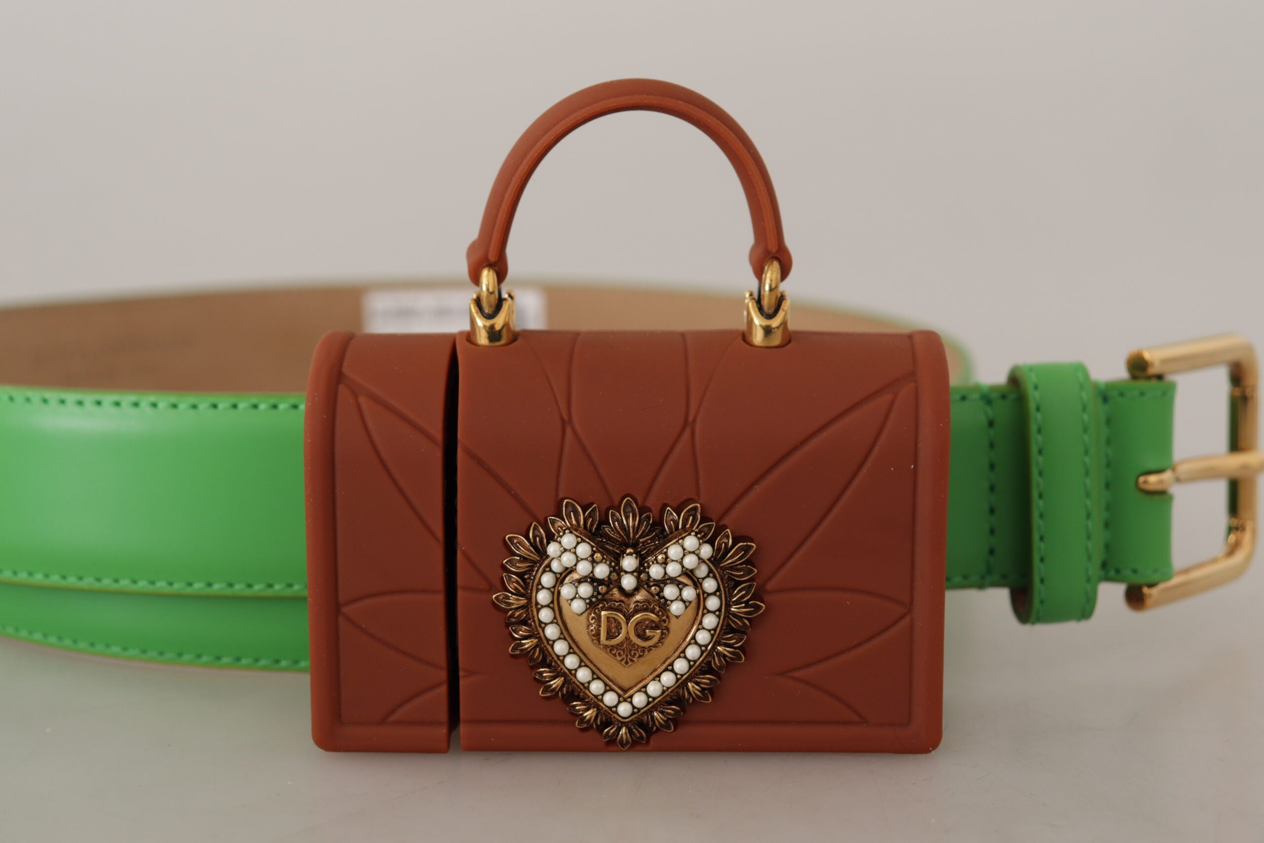 Dolce & Gabbana Green Leather Devotion Heart Micro Bag Headphones Belt - DEA STILOSA MILANO