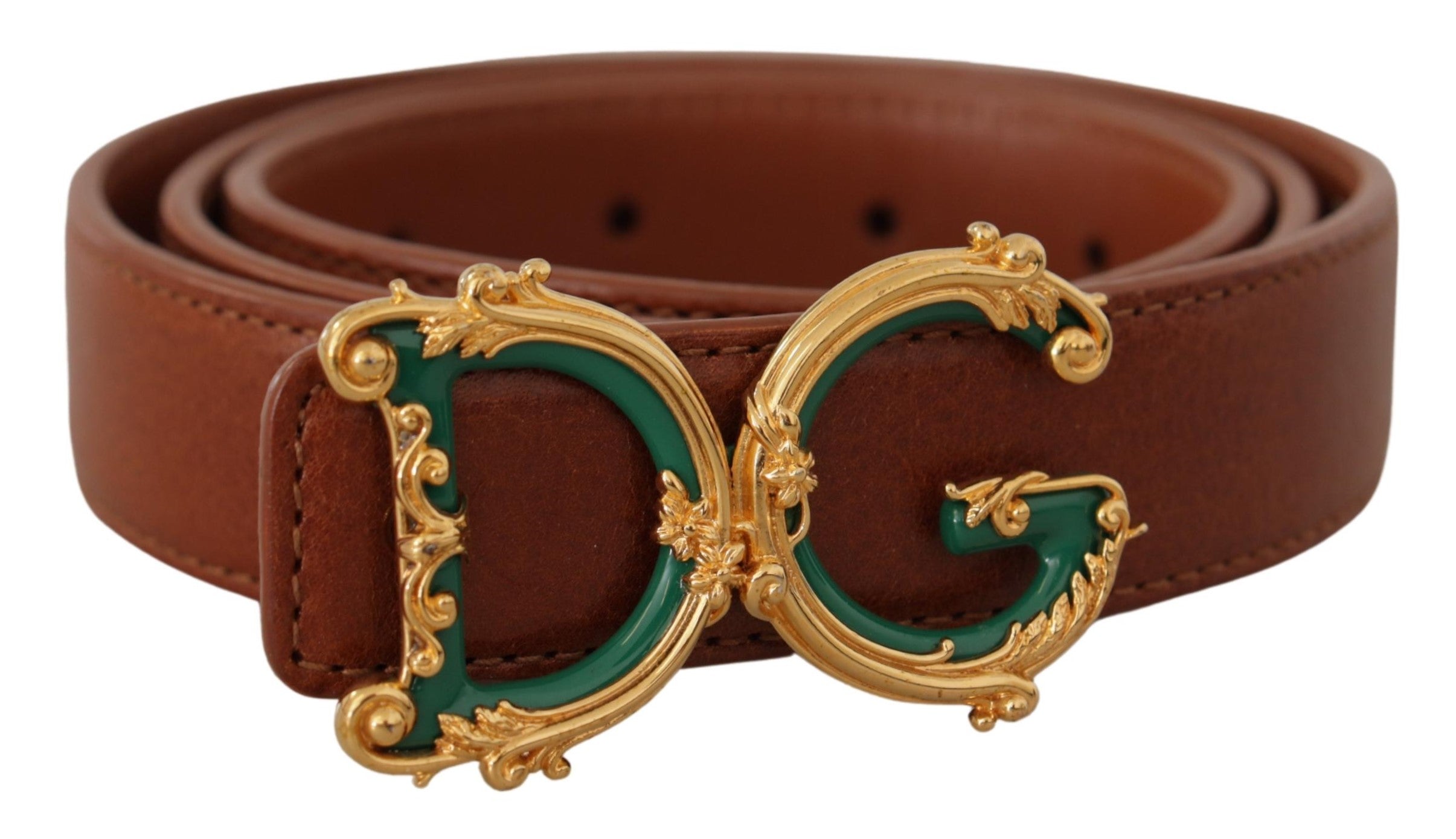 Dolce & Gabbana Brown Leather Baroque Gold DG Logo Waist Buckle Belt - DEA STILOSA MILANO