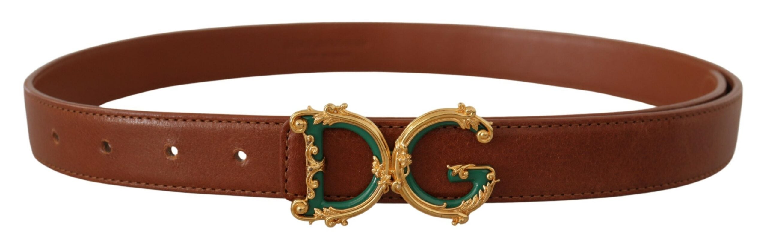 Dolce & Gabbana Brown Leather Baroque Gold DG Logo Waist Buckle Belt - DEA STILOSA MILANO