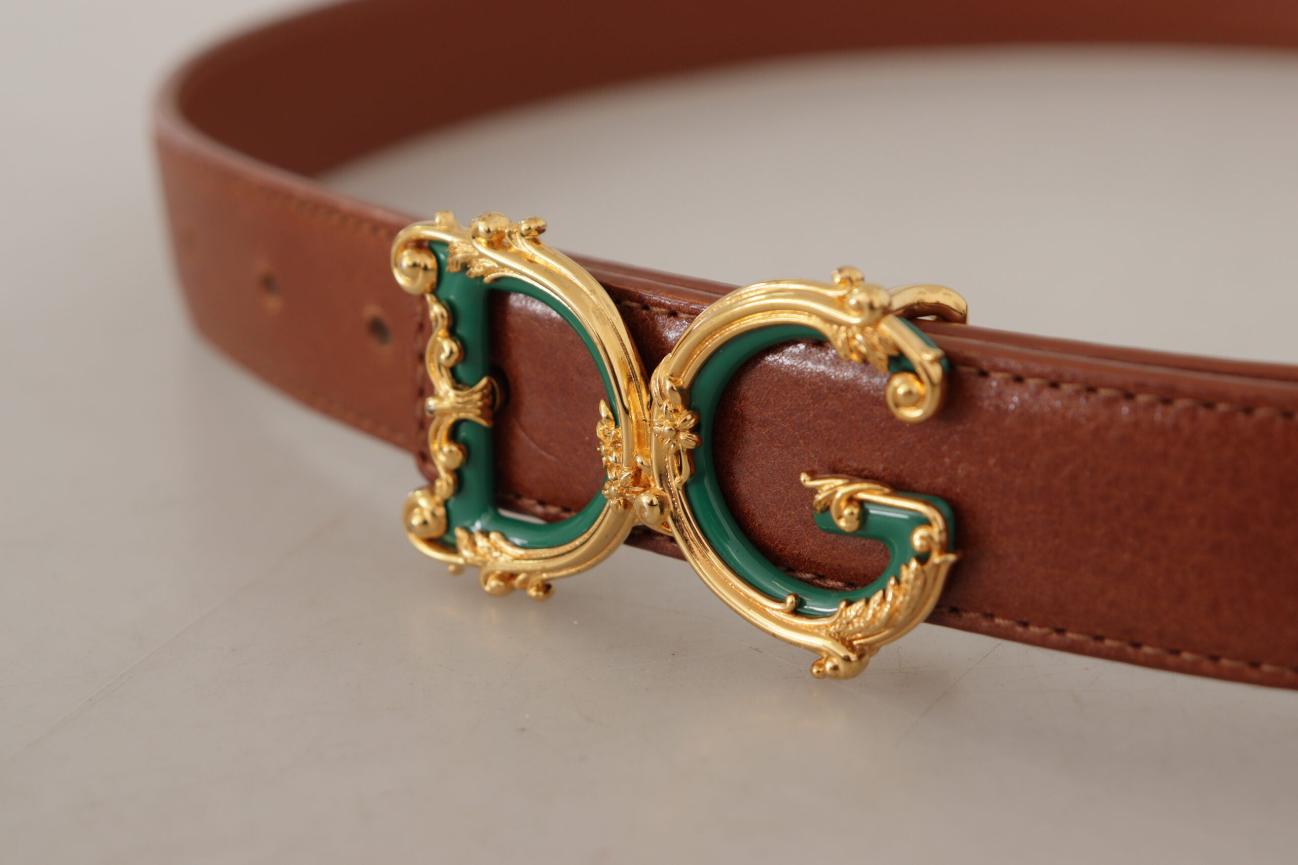 Dolce & Gabbana Brown Leather Baroque Gold DG Logo Waist Buckle Belt - DEA STILOSA MILANO